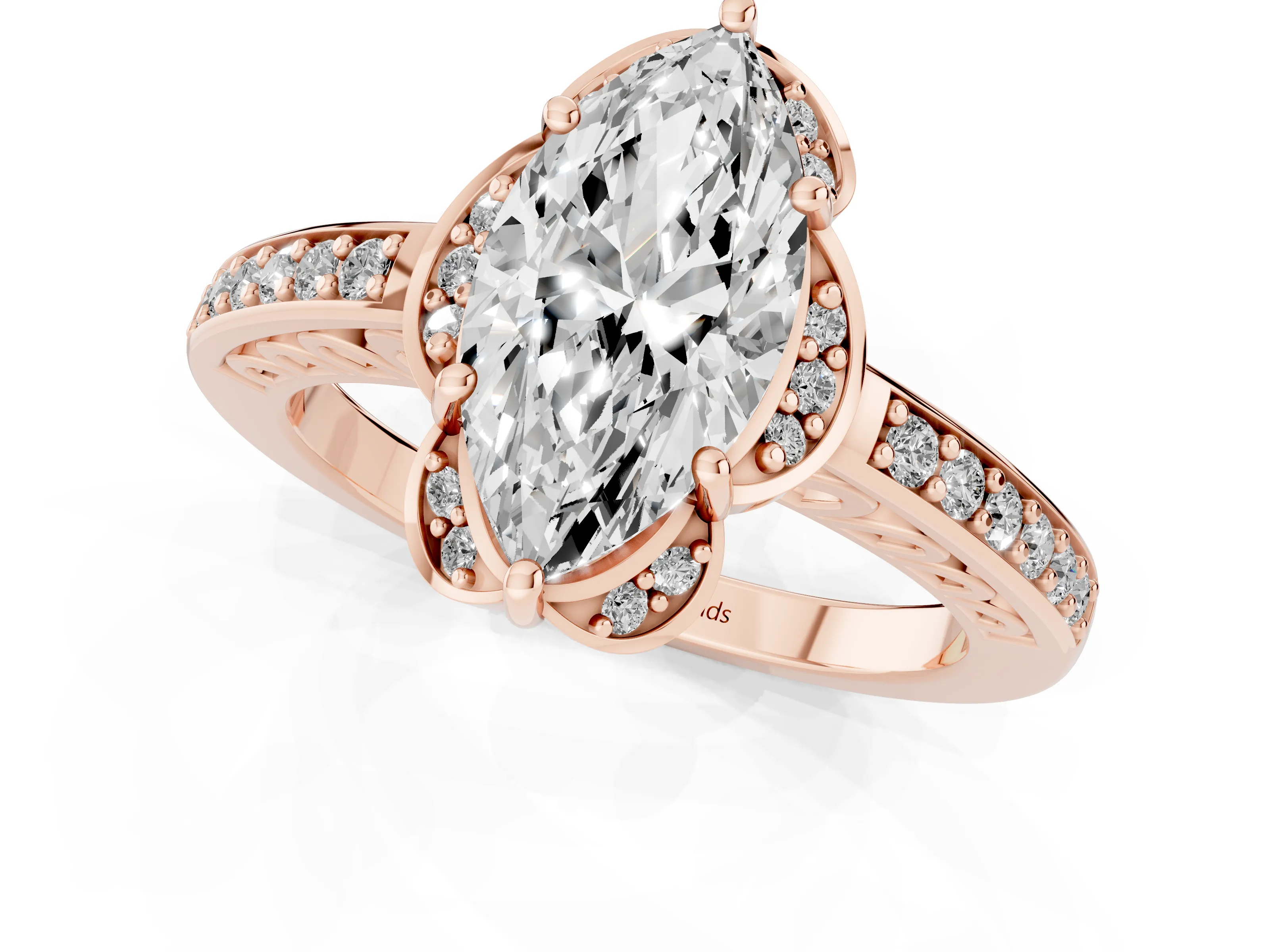 Marquise Cut Diamond Halo Ring Set in Rose gold with Channel Set Band and Prong Setting