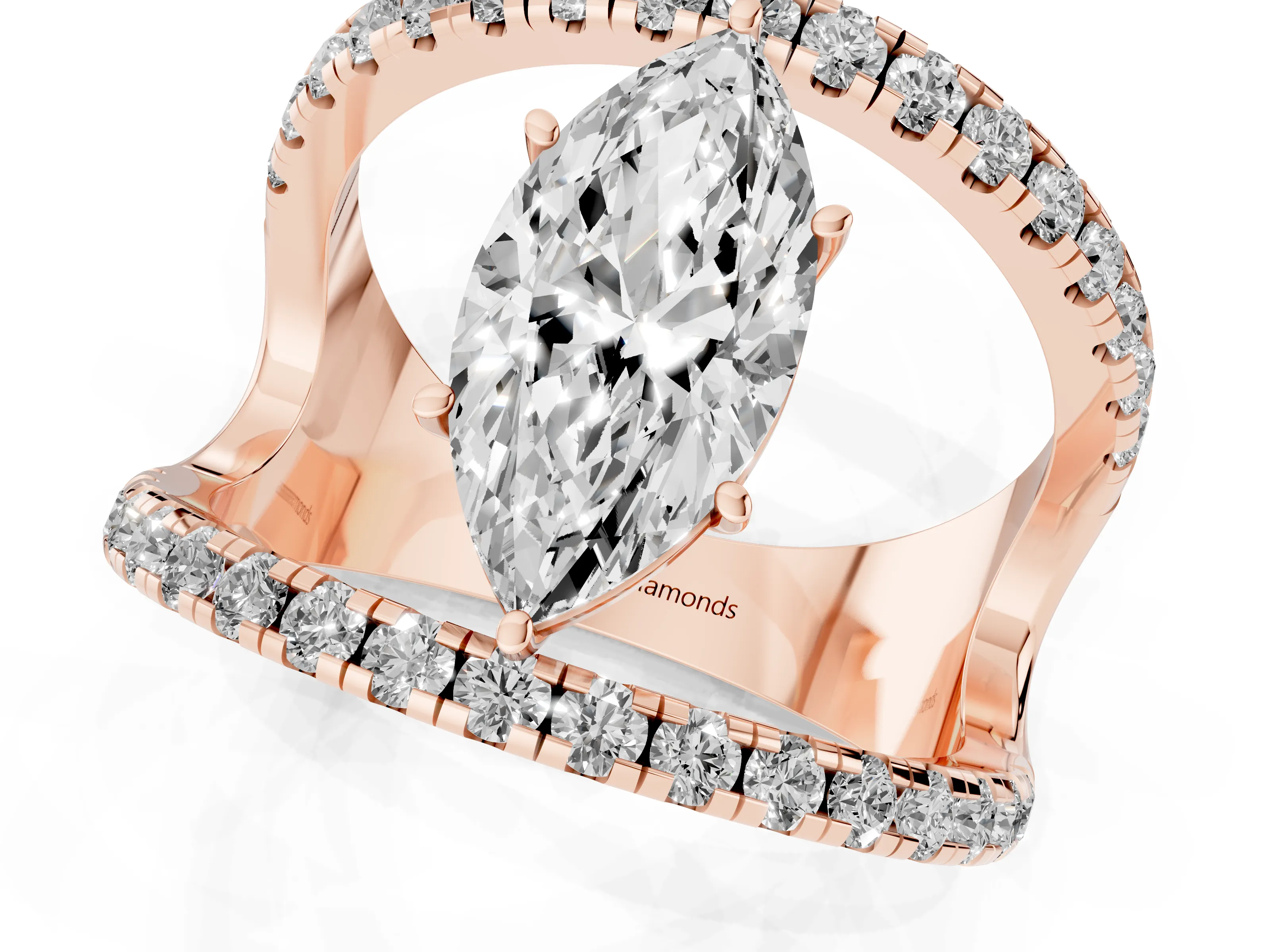 Marquise Cut Diamond Split Shank Pavé Solitaire Ring Set in Rose gold with Open Shank Design