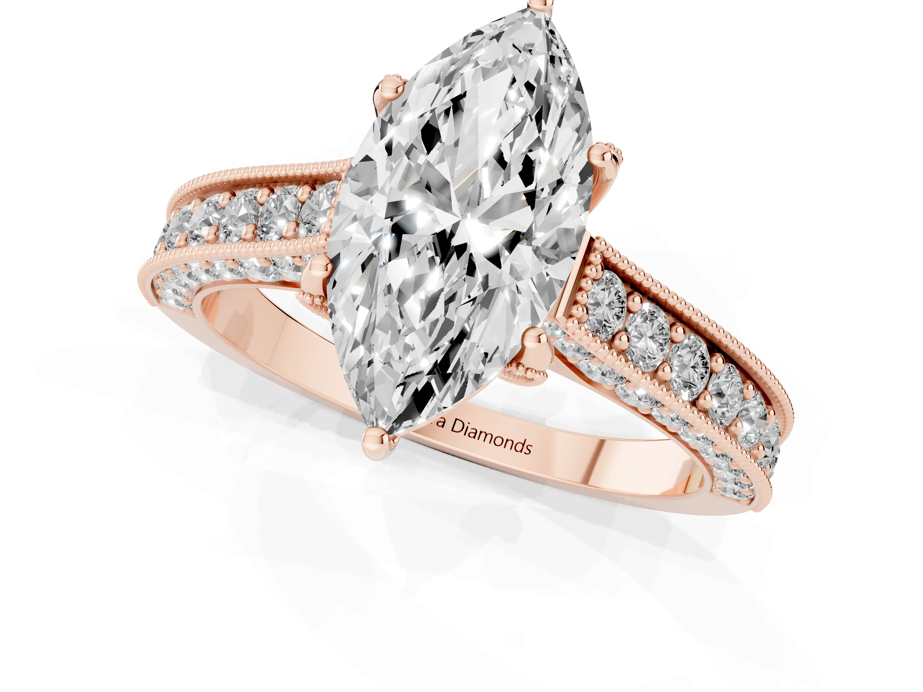 Marquise Cut Diamond Solitaire Ring Set in Rose gold with Milgrain-Edged Pavé Band and Prong Setting