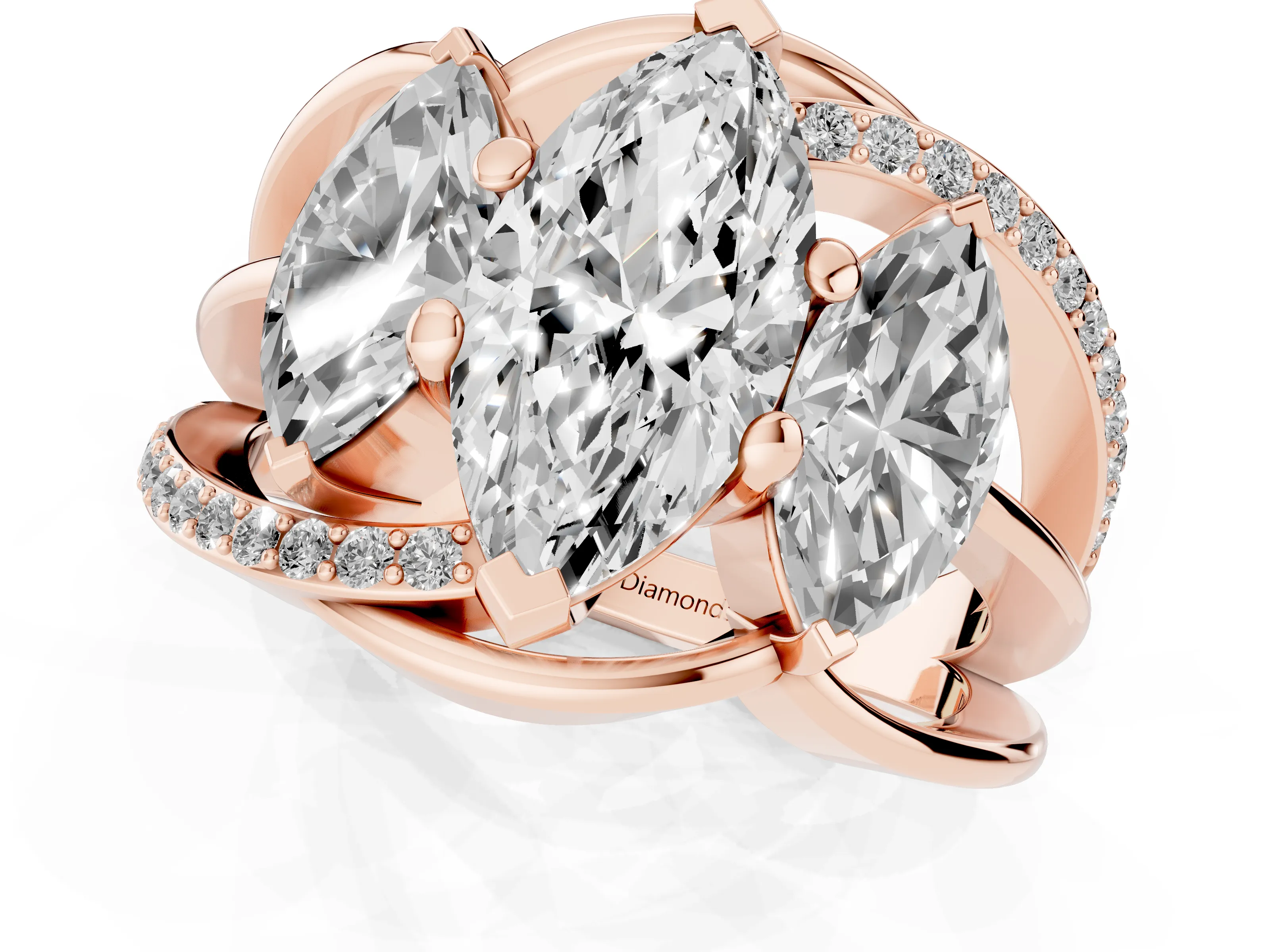 Marquise Cut Diamond Three-Stone Ring Set in Rose gold with Split Shank and Prong Setting