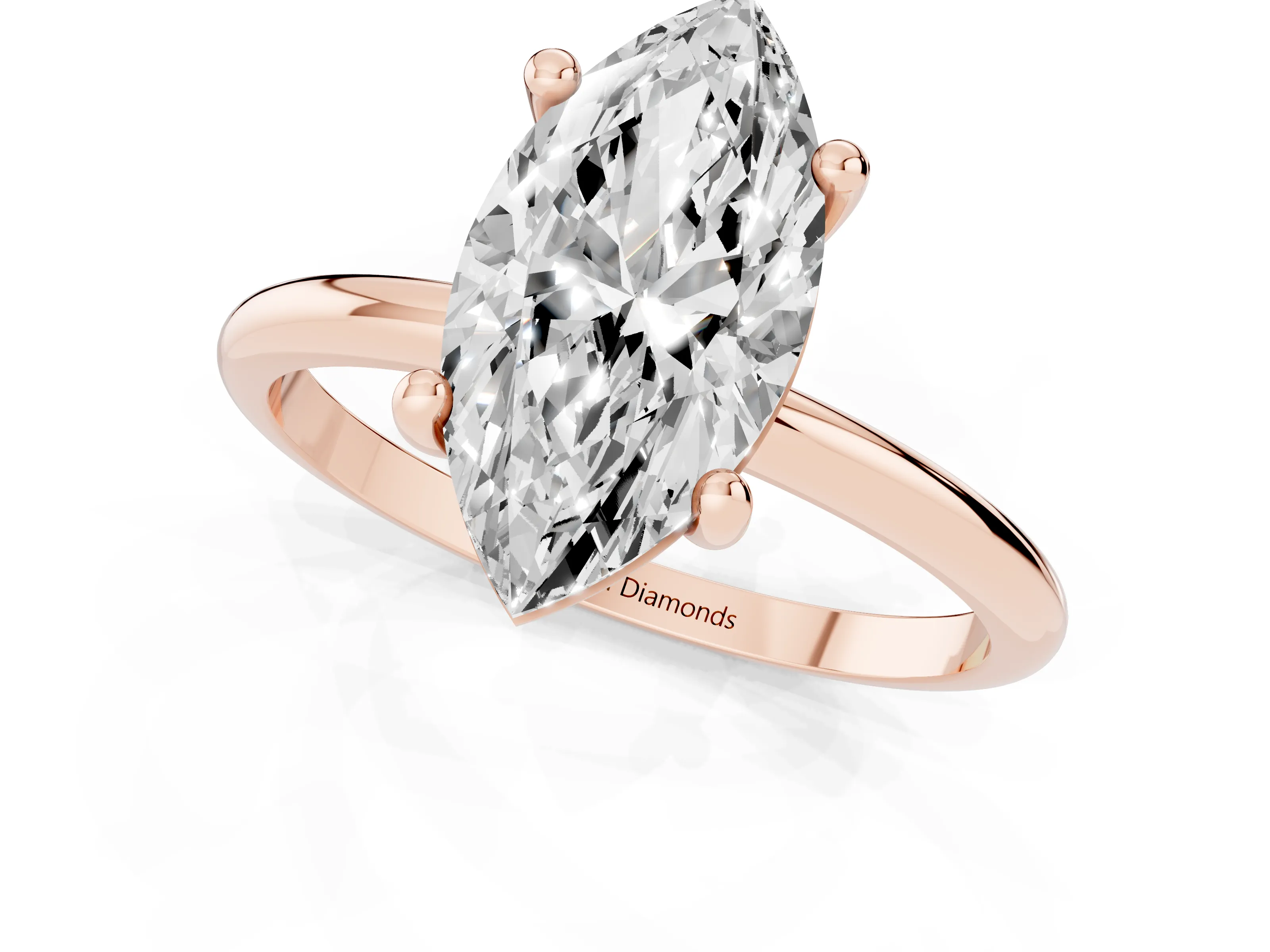 Marquise Cut Diamond Solitaire Ring Set in Rose gold with Secure Prong Setting on a Classic Band