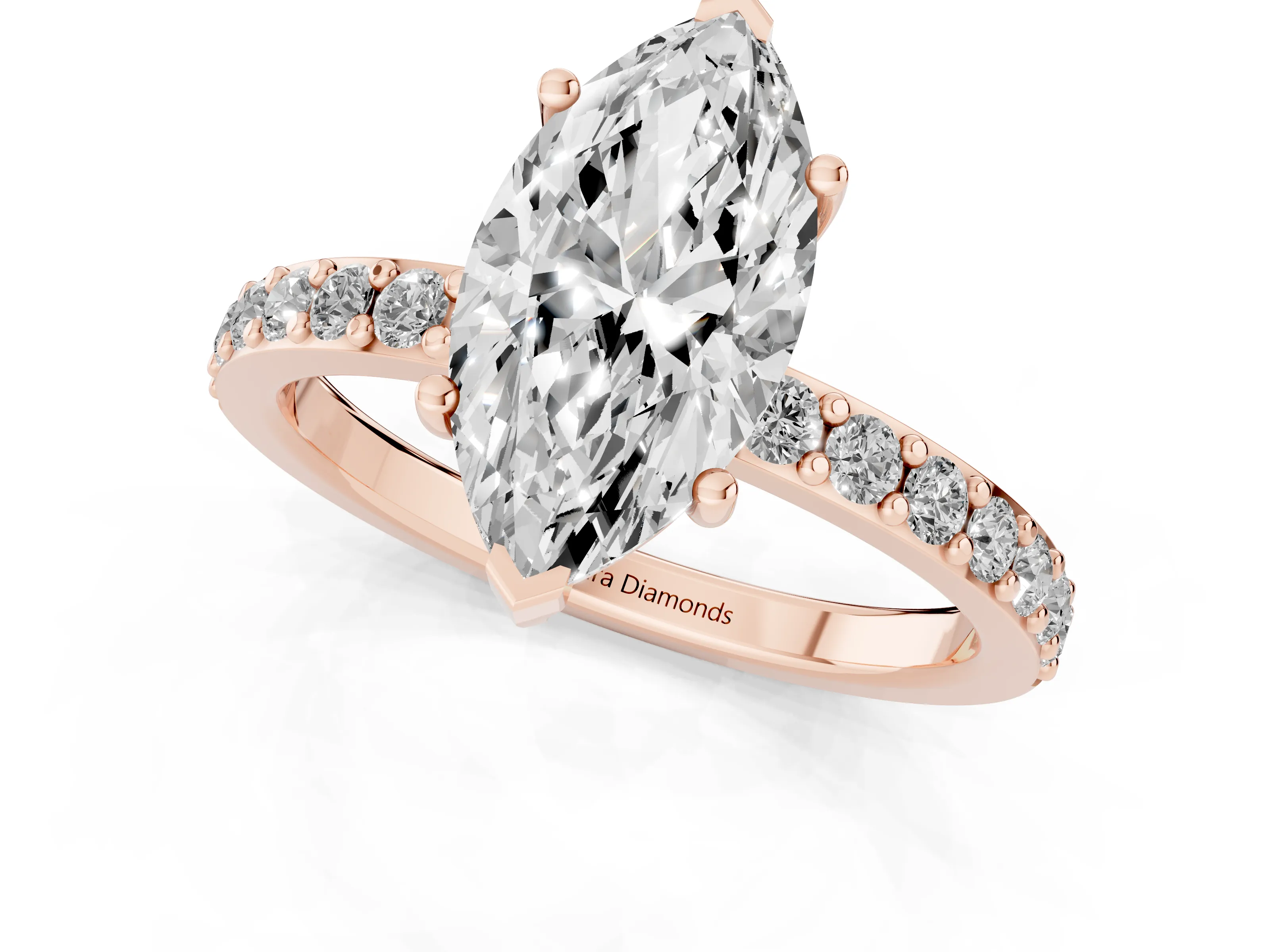 Marquise Cut Diamond Solitaire Set in Rose gold with Round Pavé Band and Prong Setting