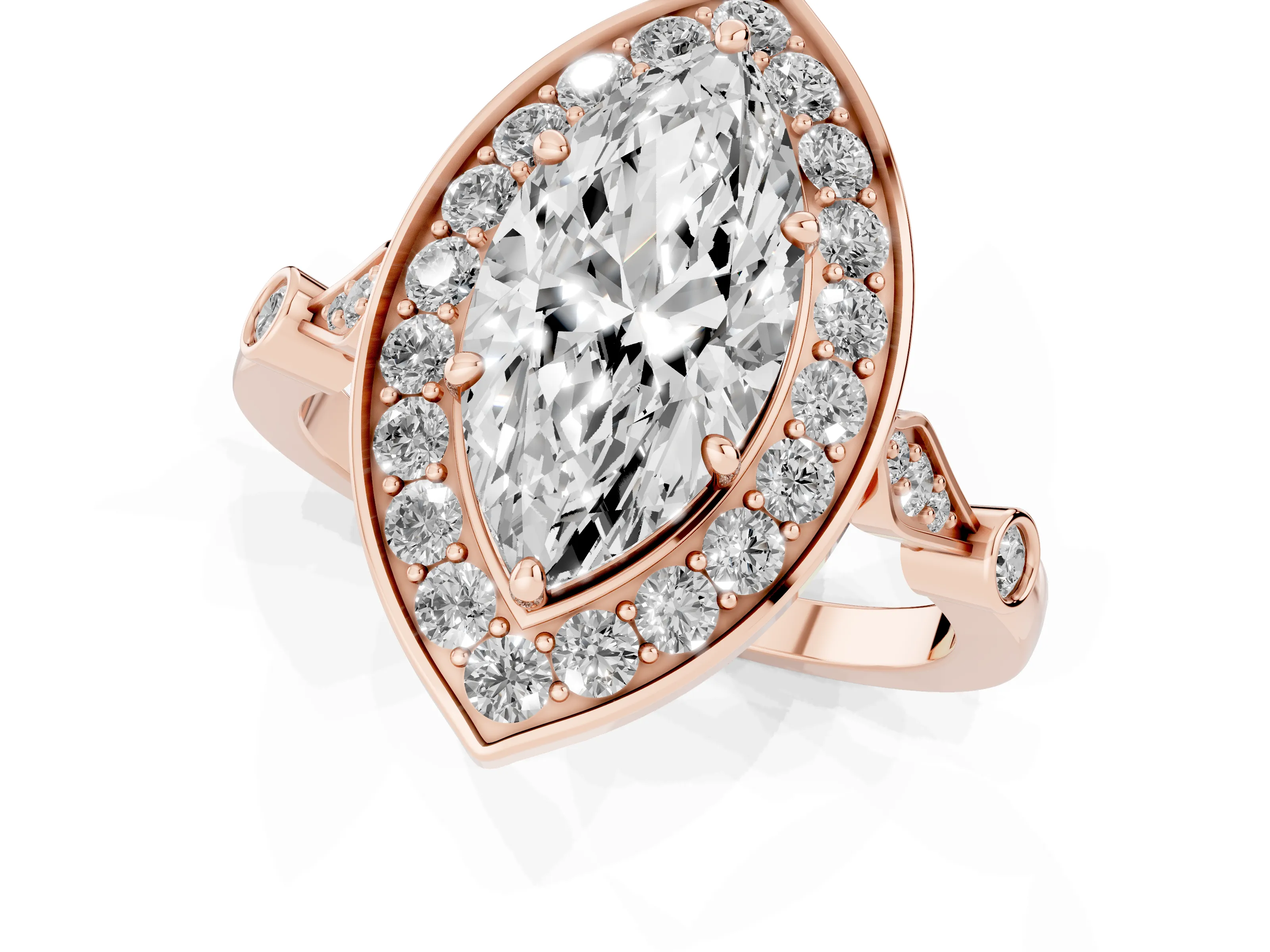 Marquise Cut Diamond Halo Engagement Ring Set in Rose gold with Twisted Band and Prong Setting