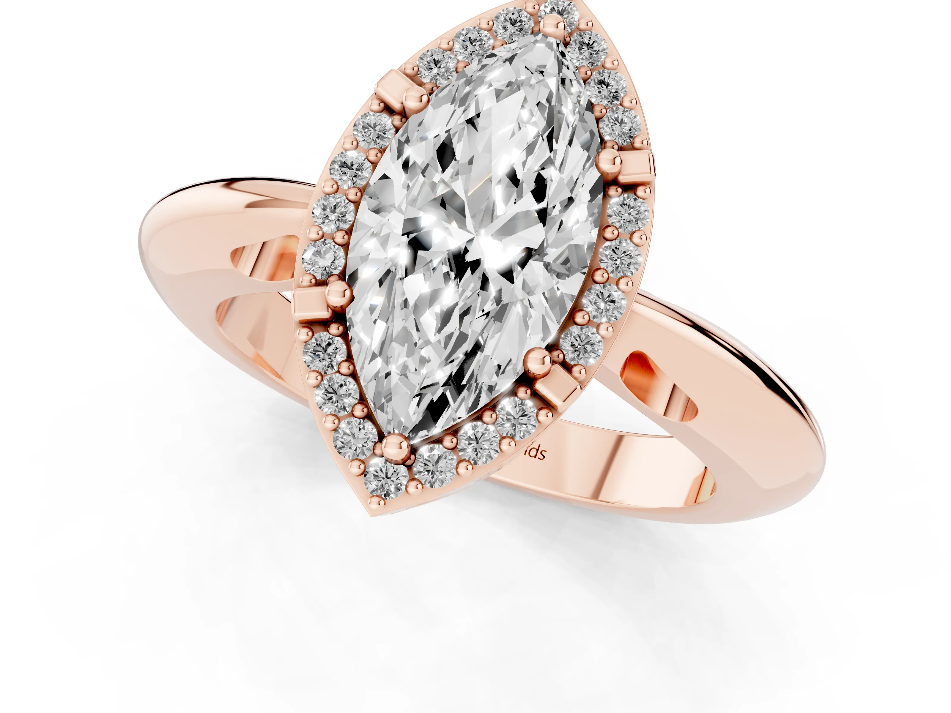 Marquise Cut Diamond Halo Engagement Ring Set in Rose gold with Plain Split Shank and Prong Setting