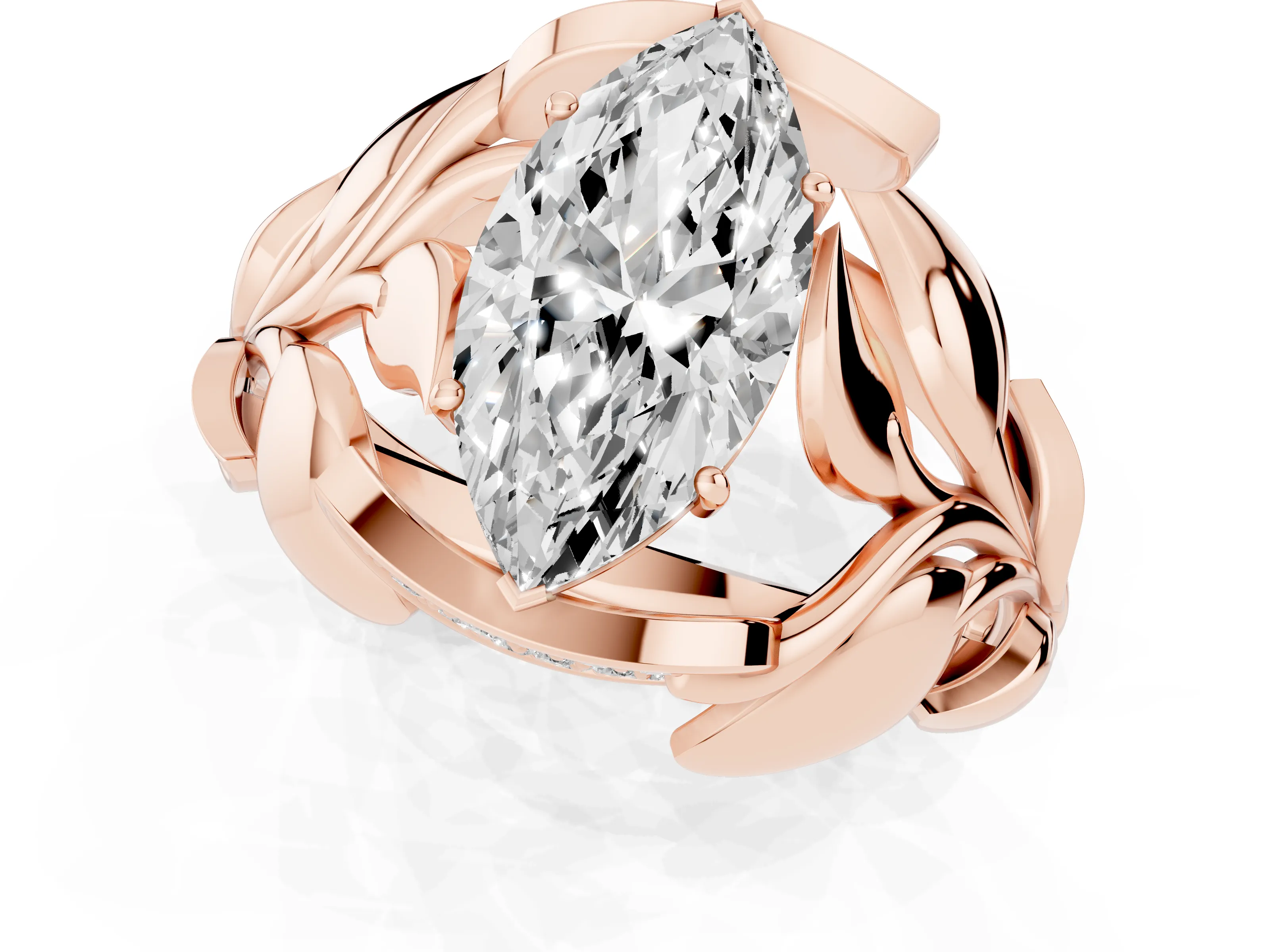 Marquise Cut Diamond Leaf-Inspired Engagement Ring Set in Rose gold with Round Accents
