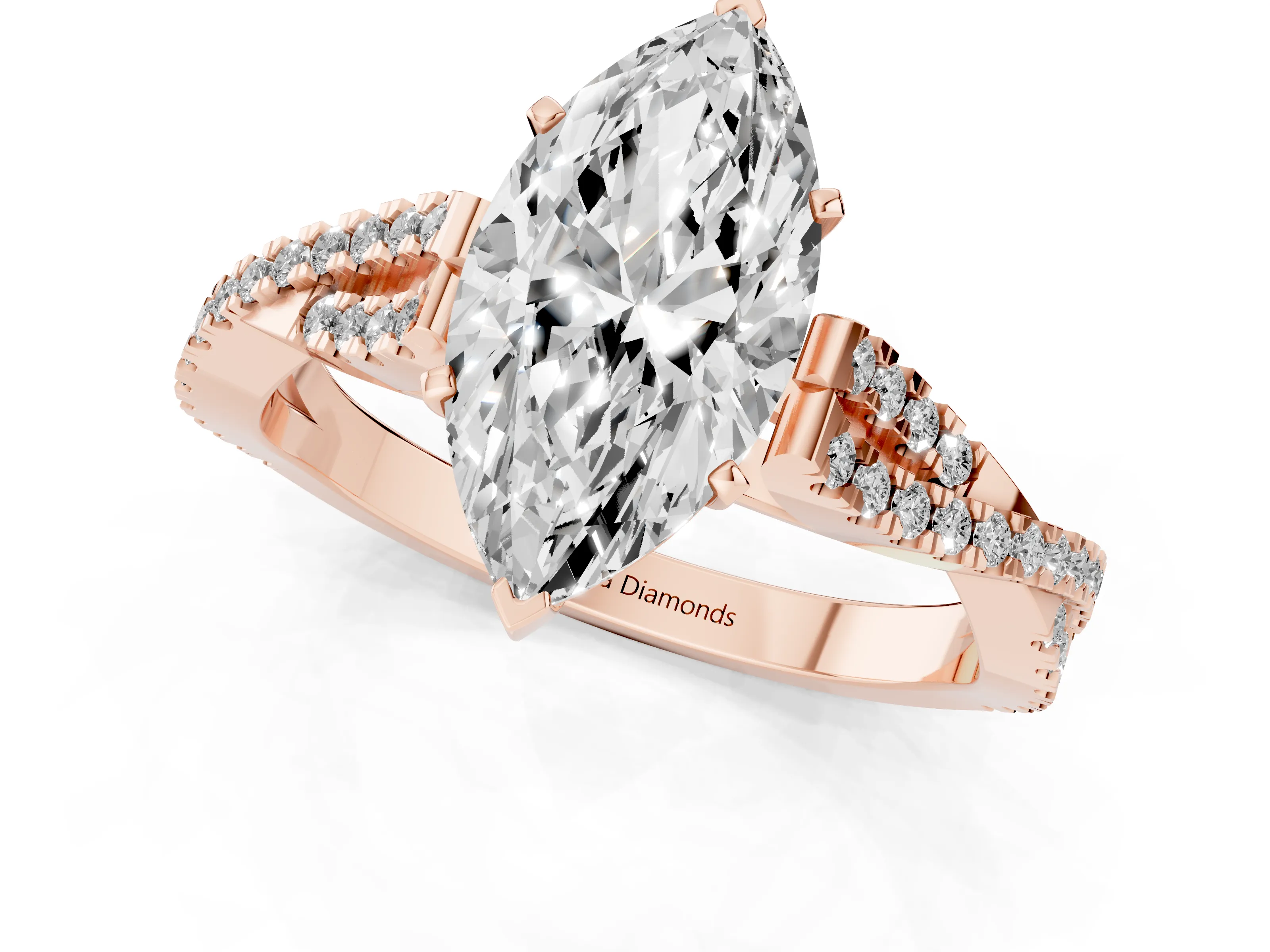 Marquise Cut Diamond Solitaire Engagement Ring Set in Rose gold with Twisted Pavé Band and Prong Setting
