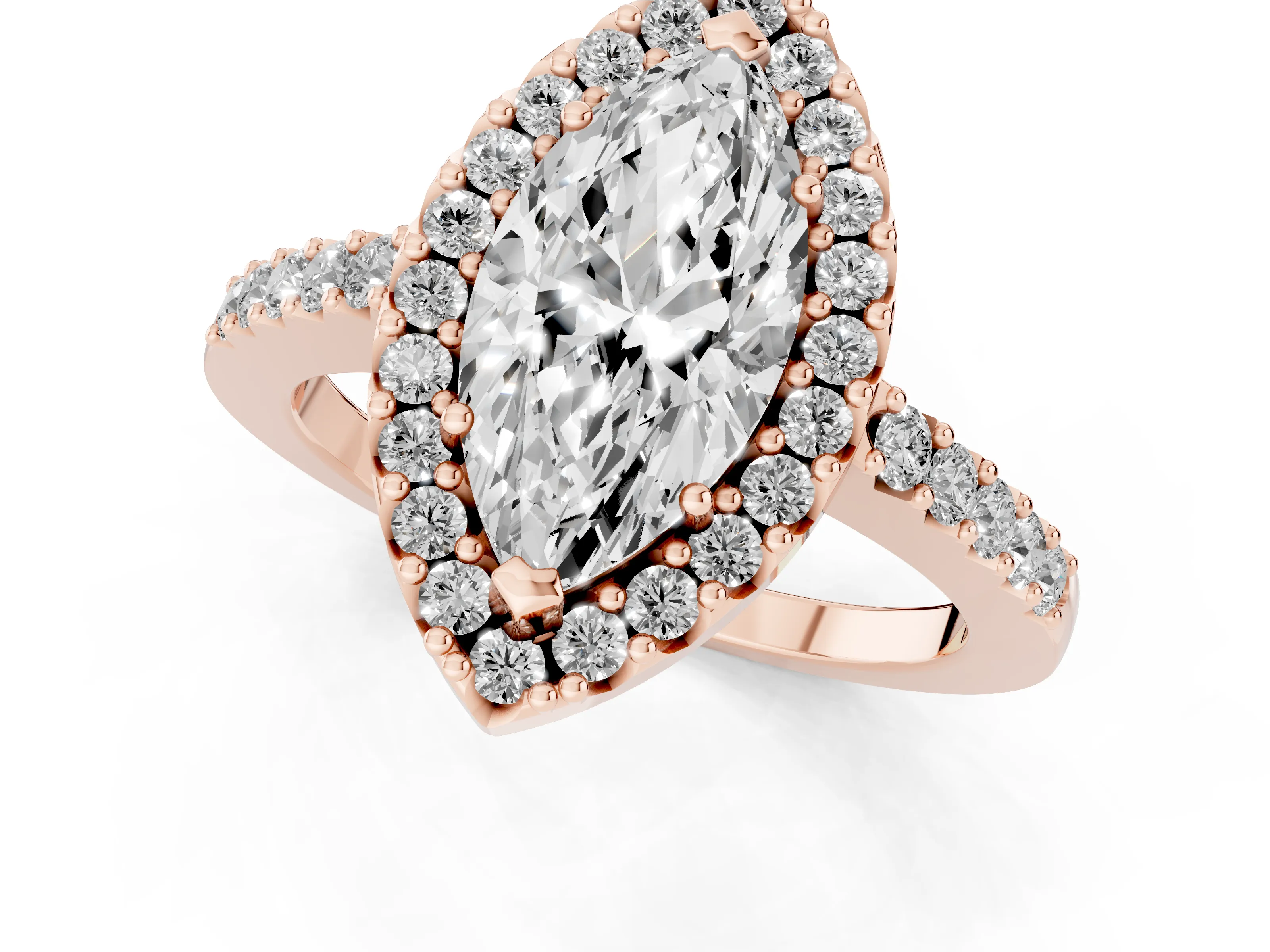 Marquise Cut Diamond Halo Pavé Solitaire Ring Set in Rose gold with Prong-Set Center Stone