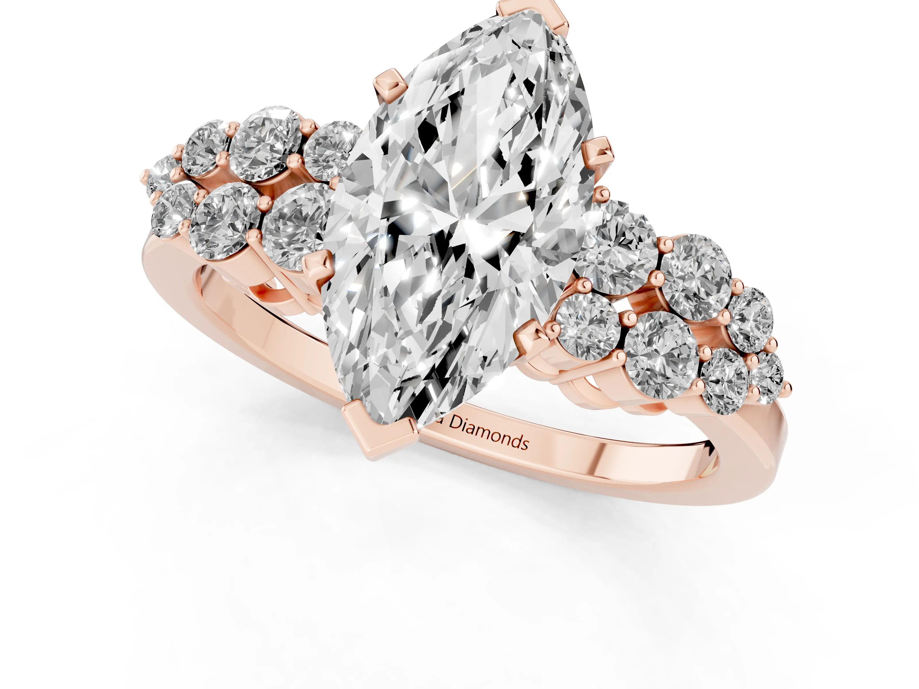Marquise Cut Diamond Cluster Engagement Ring Set in Rose gold with Pavé Band and Prong Setting – second view
