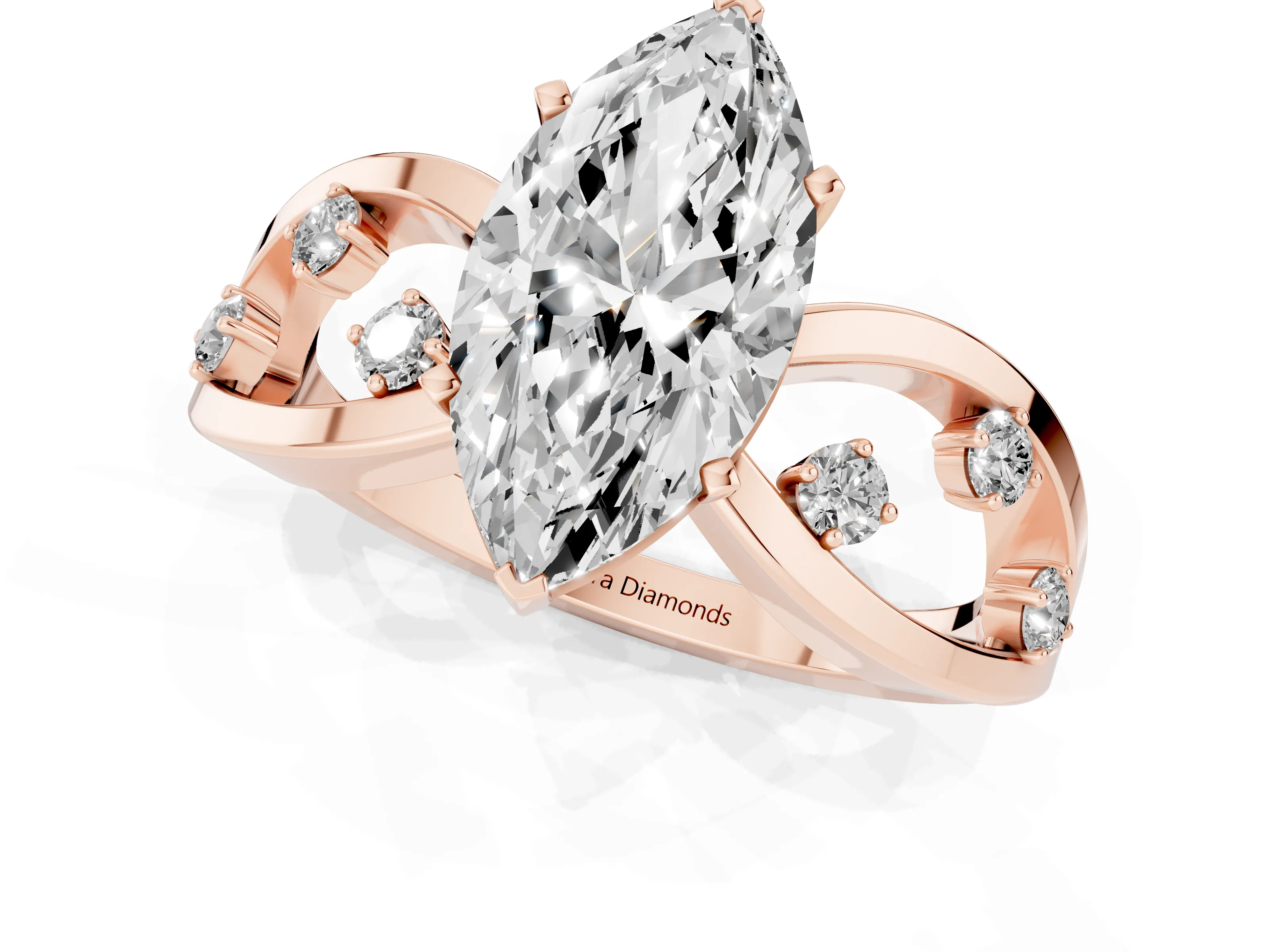 Marquise Cut Diamond Solitaire Ring Set in Rose gold with Side Stones on Criss-Cross Band and Prong Setting