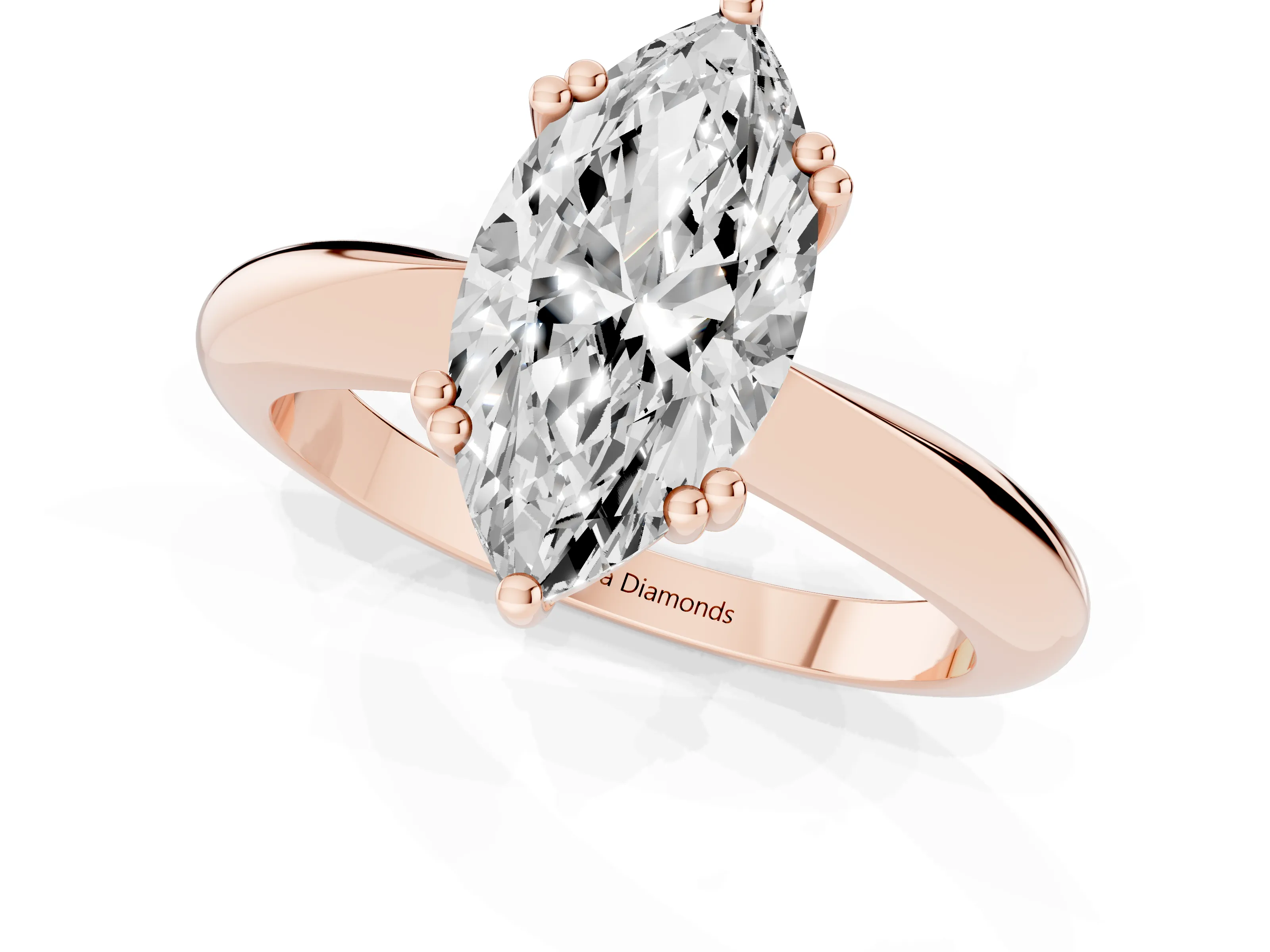 Marquise Cut Diamond Solitaire Engagement Ring Set in Rose gold with Tapered Band and Prong Setting