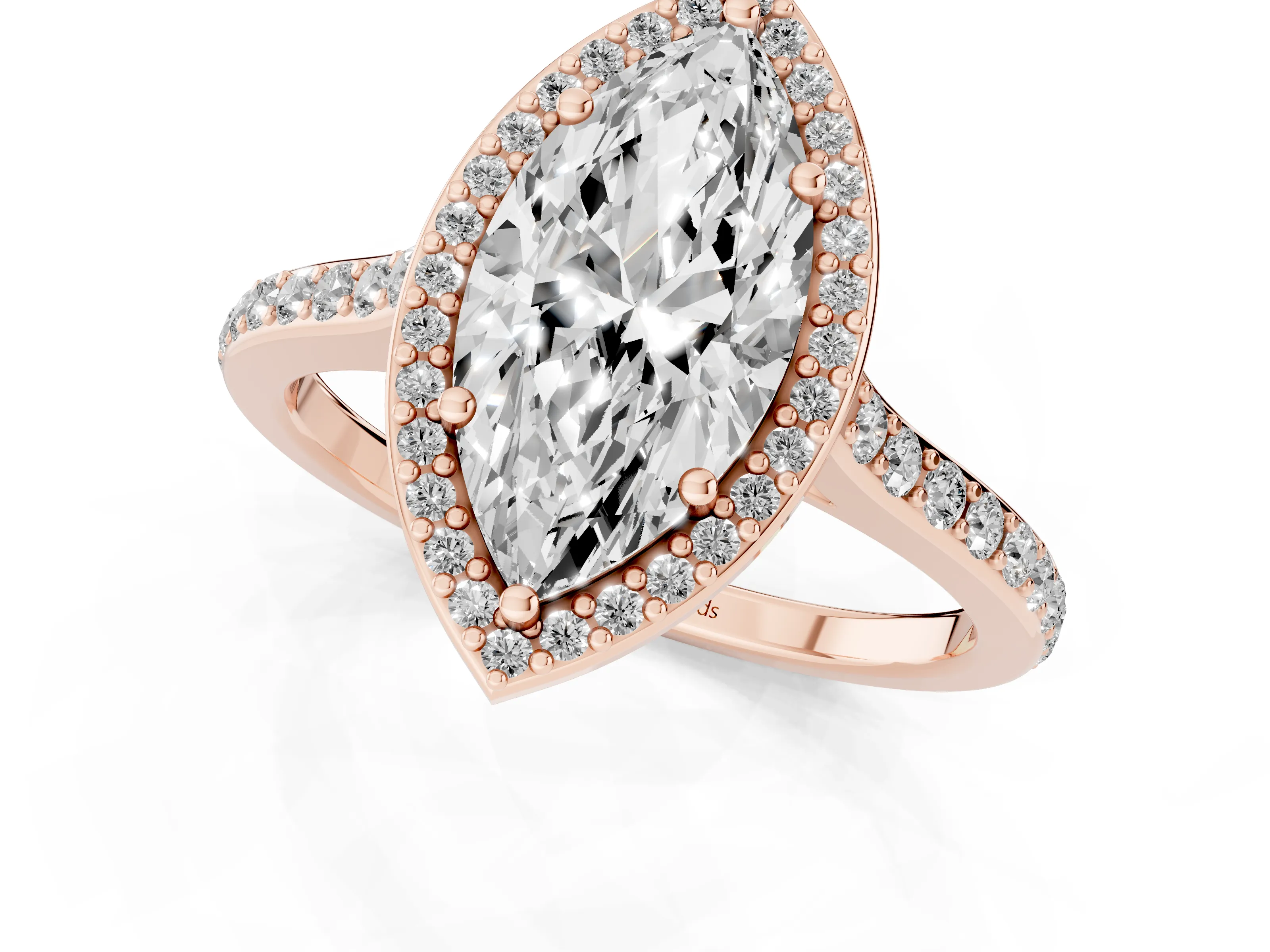 Marquise Cut Diamond Halo Engagement Ring Set in Rose gold with Round Pavé Shoulders and Heart Gallery