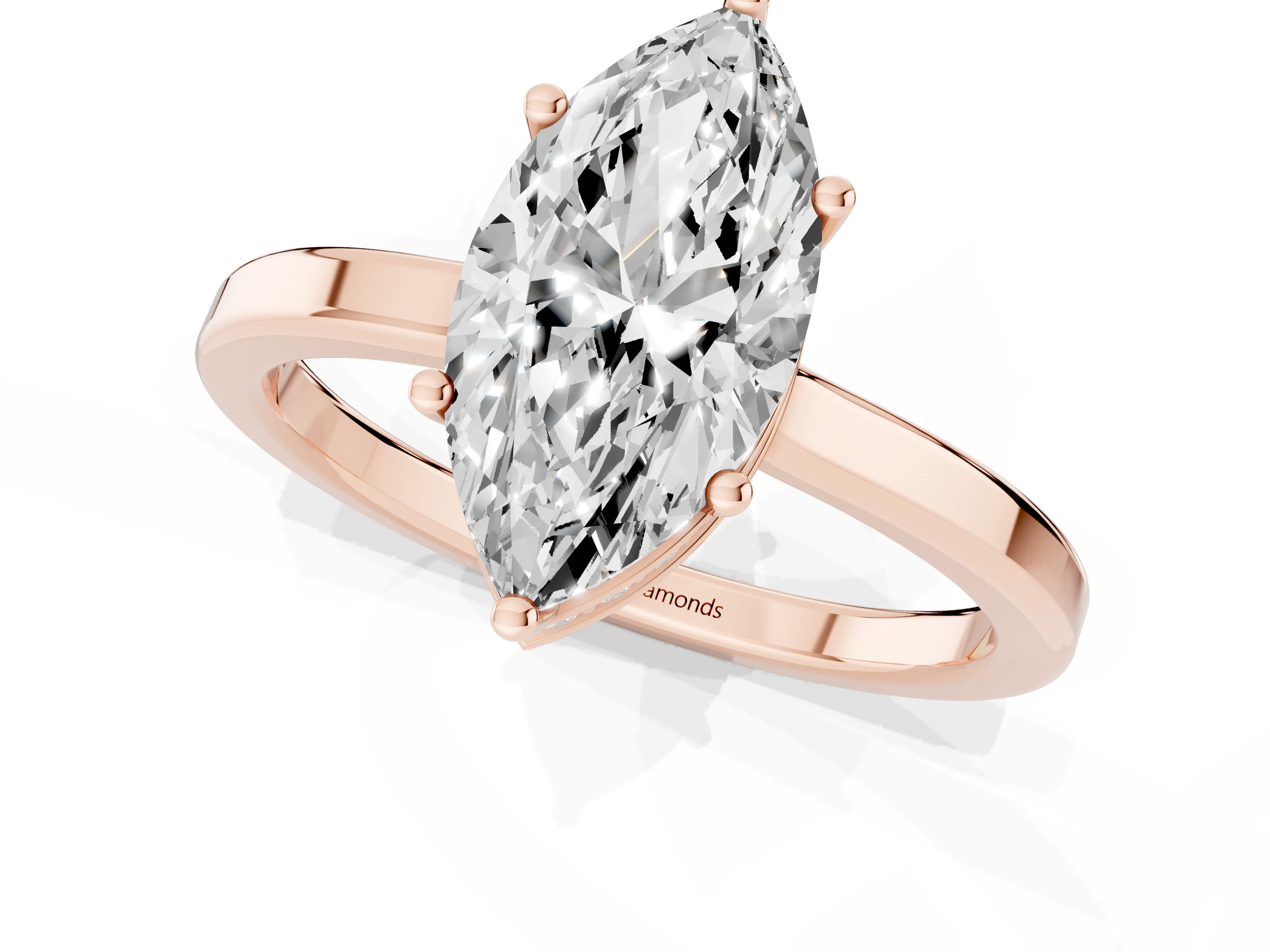 Marquise Cut Diamond Solitaire Engagement Ring Set in Rose gold with Prong Setting on a Plain Band