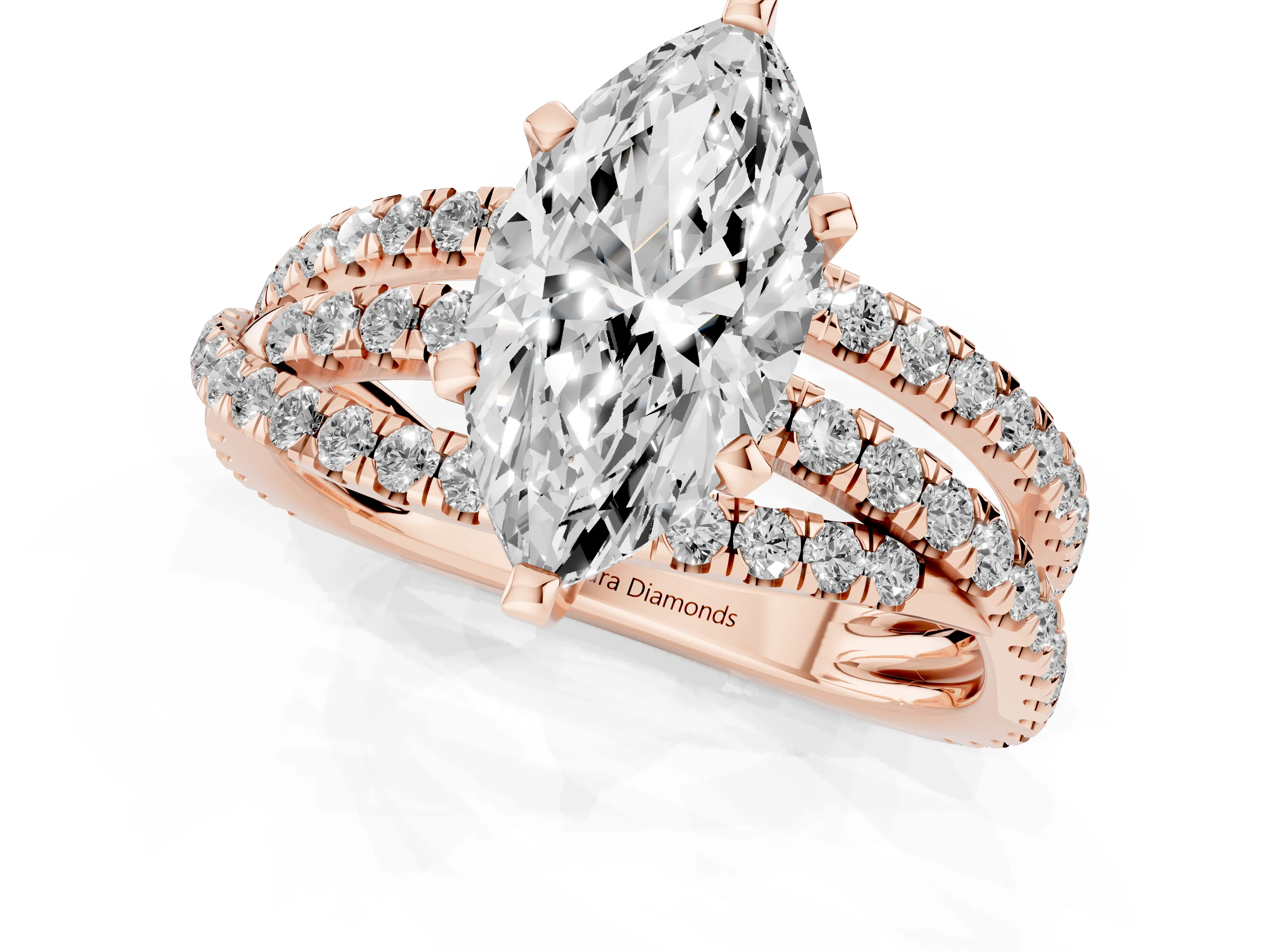 Marquise Cut Diamond Solitaire Twist Band Ring Set in Rose gold with Pavé Setting and Prong Head