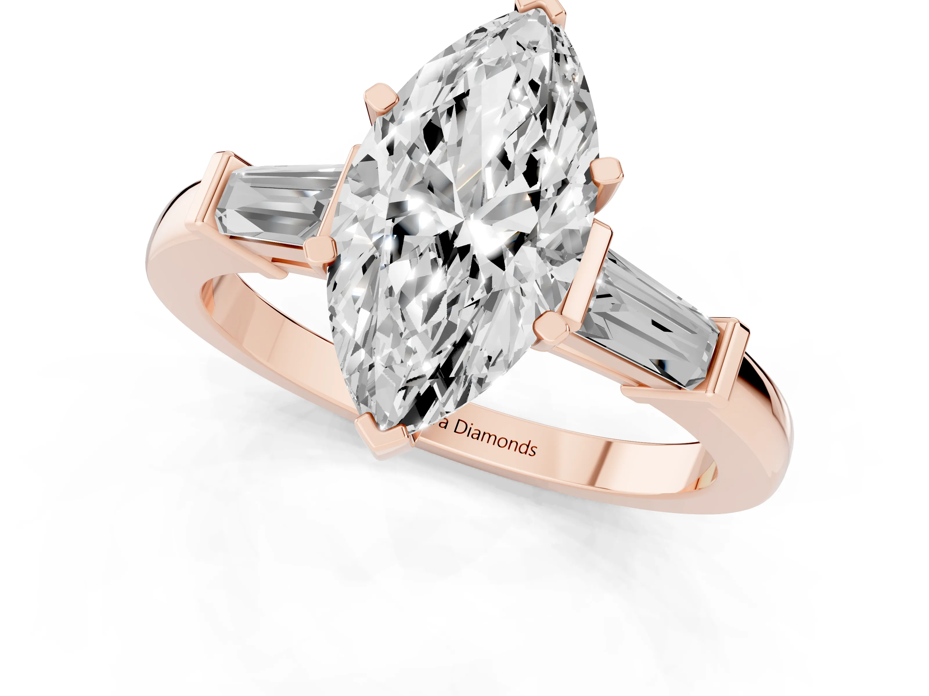 Marquise Cut Diamond Solitaire Ring Set in Rose gold with Tapered Baguette Accents and Prong Setting