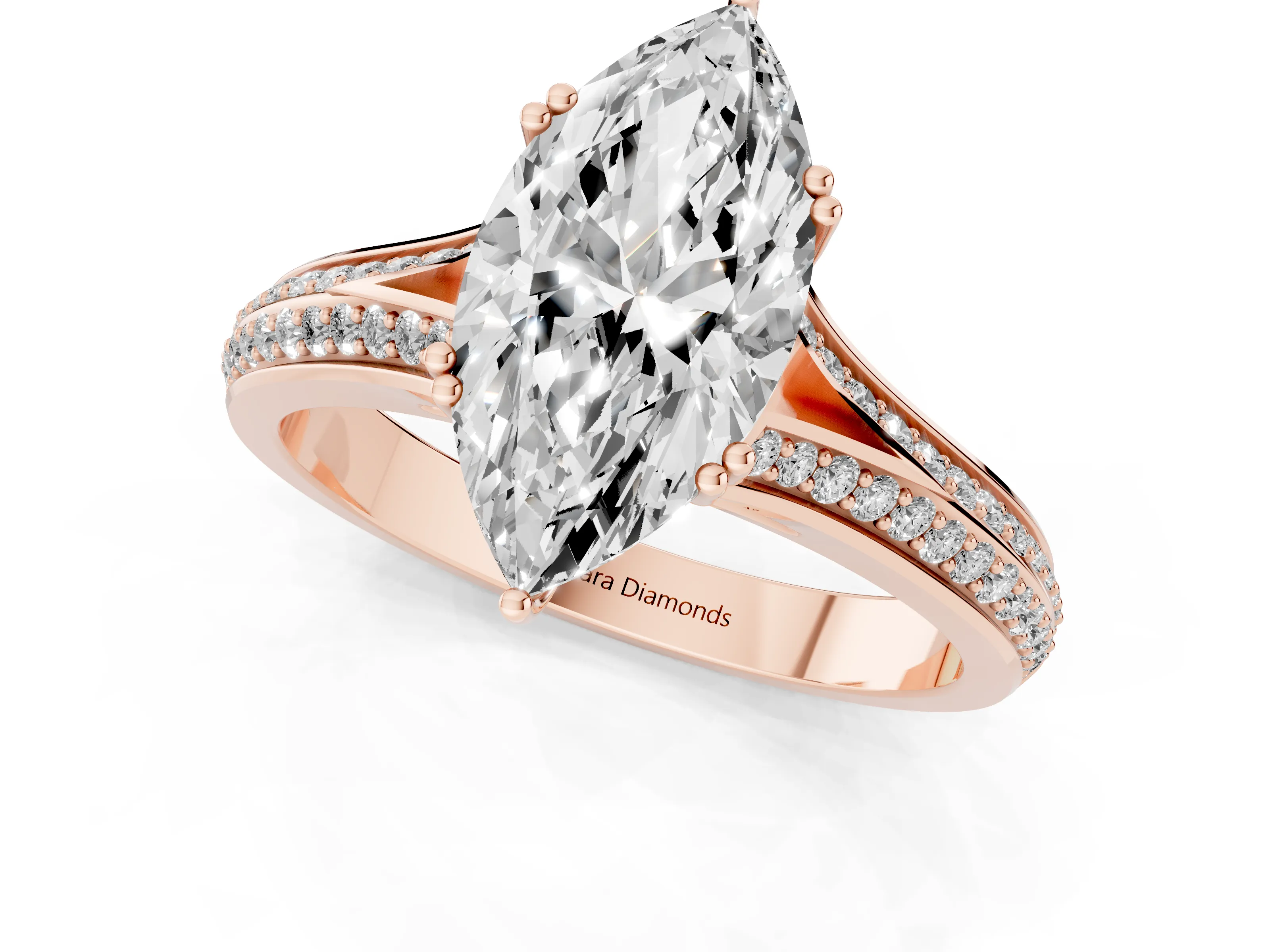 Marquise Cut Diamond Split Shank Pavé Engagement Ring Set in Rose gold with Prong-Set Center Stone