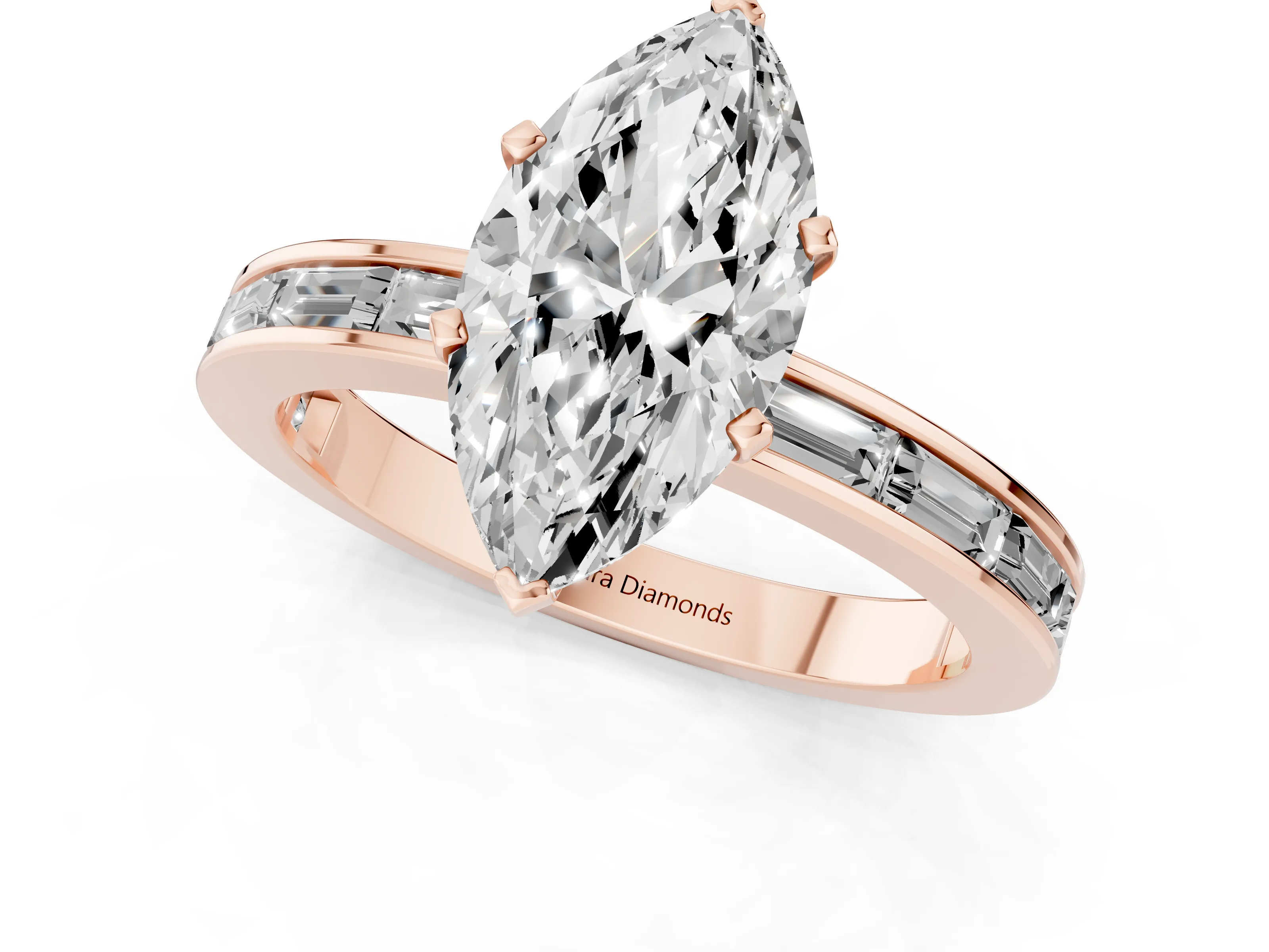 Marquise Cut Diamond Solitaire Ring Set in Rose gold with Channel-Set Baguette Band and Prong Setting