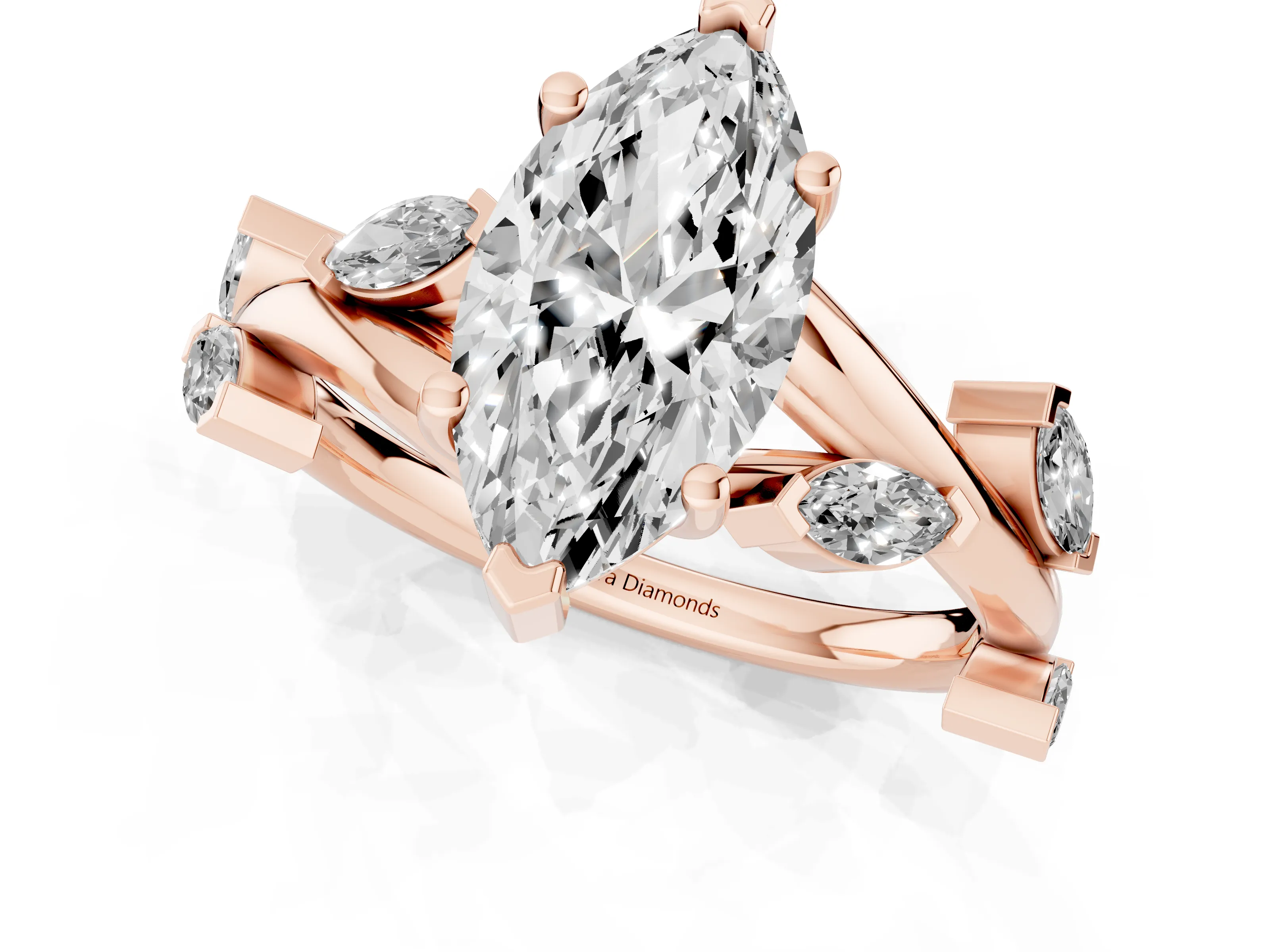 Marquise Cut Diamond Solitaire Ring Set in Rose gold with Twisted Marquise Accent Band