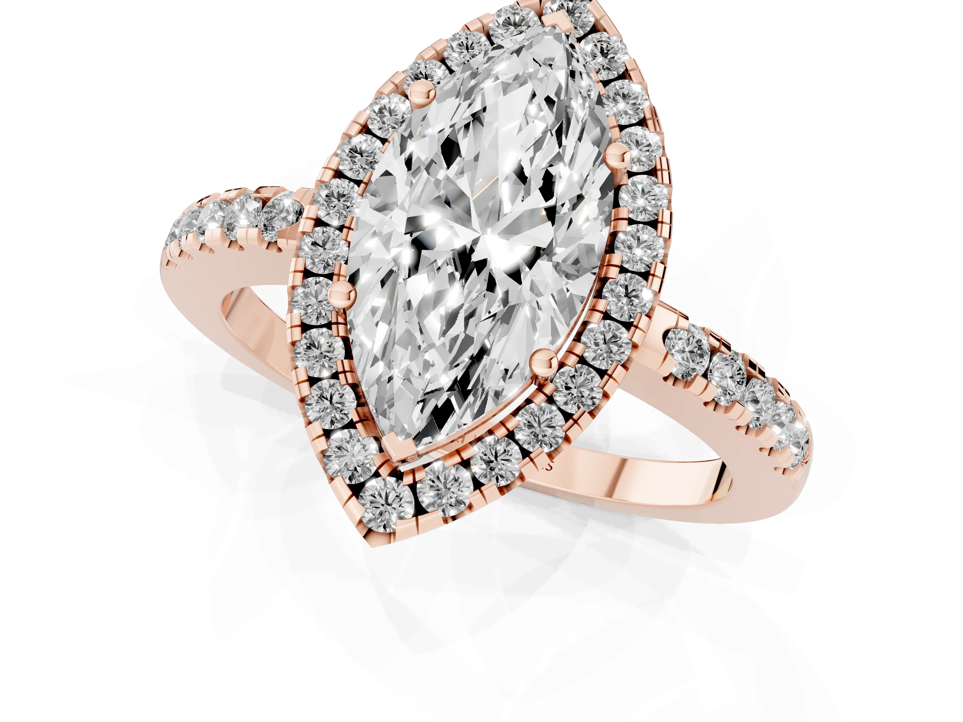 Marquise Cut Diamond Pavé Band Halo Engagement Ring Set in Rose gold with Prong Setting