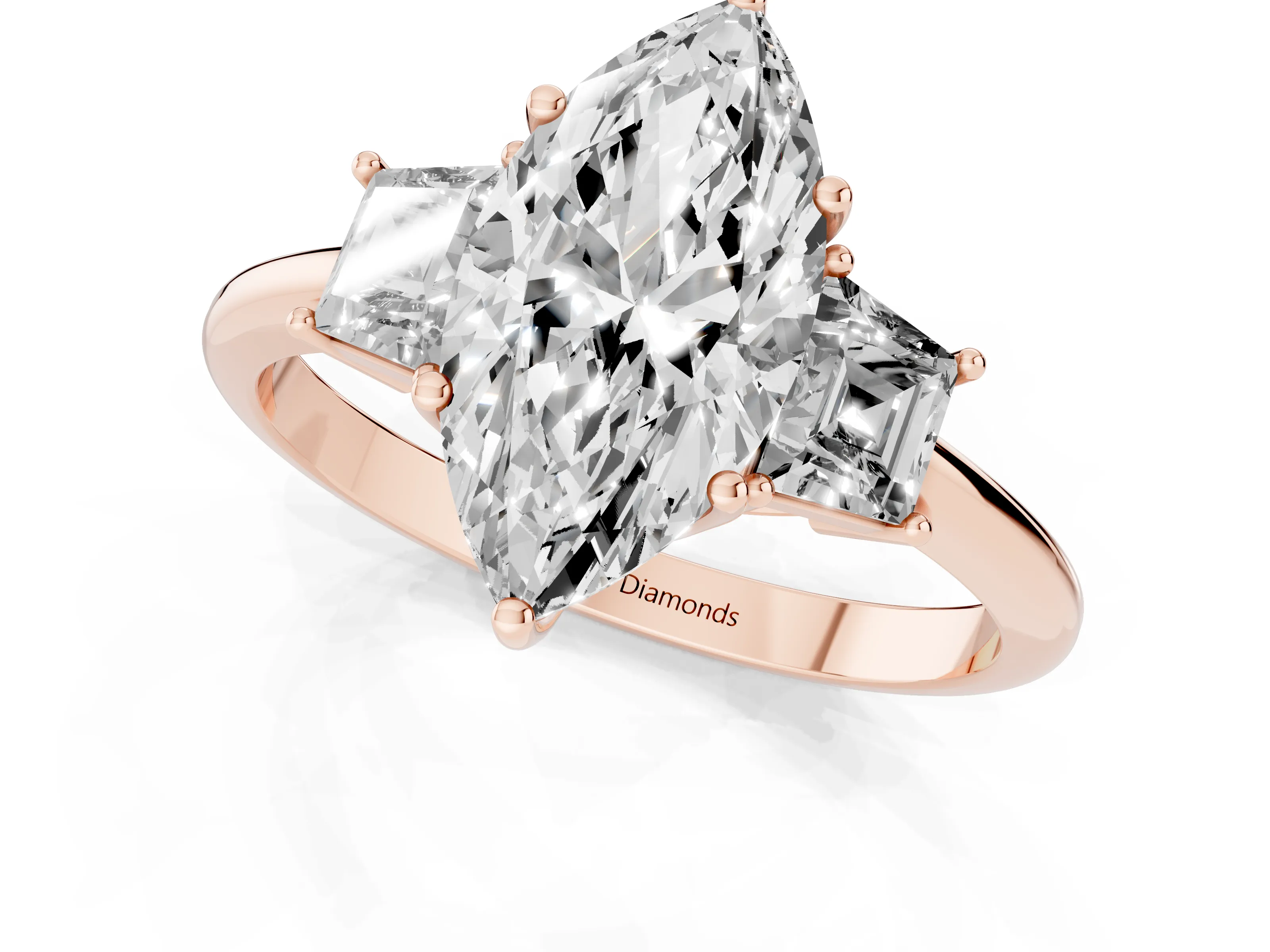 Marquise Cut Diamond Three-Stone Ring Set in Rose gold with Trapezoid Side Stones and Prong Setting