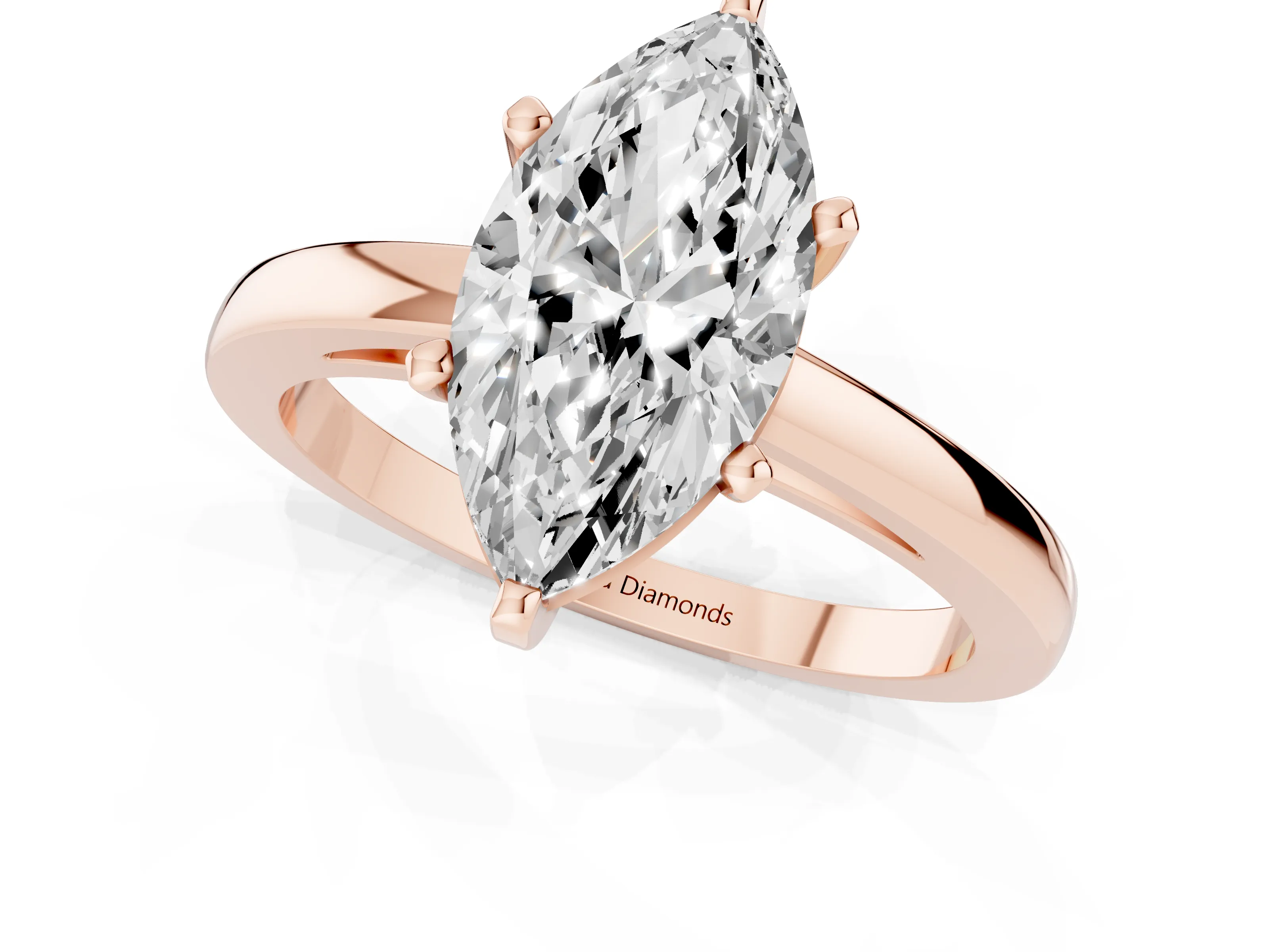 Marquise Cut Diamond Solitaire Engagement Ring Set in Rose gold with Prong Setting on a Classic Band