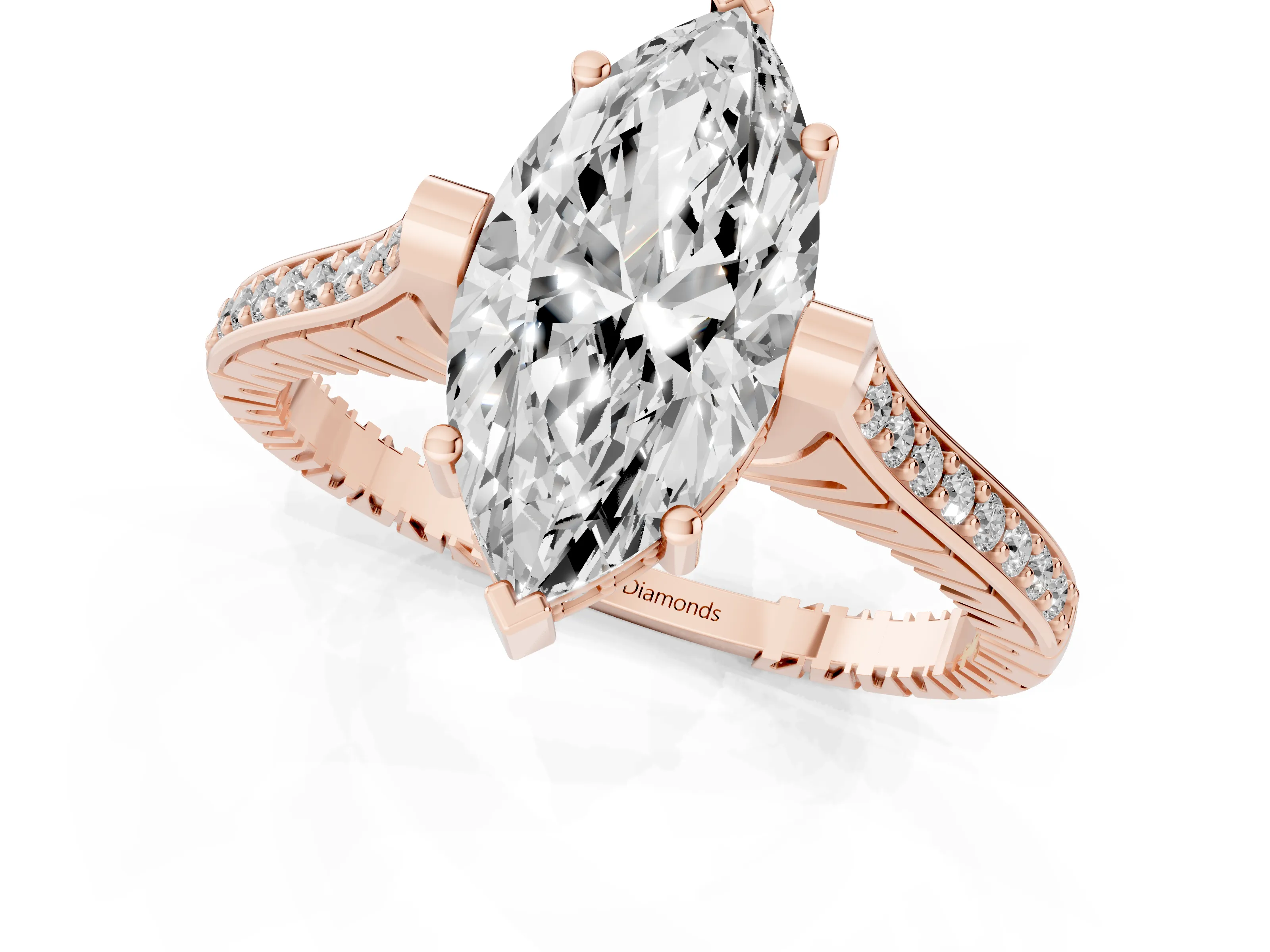 Marquise Cut Diamond Solitaire Ring Set in Rose gold with Channel Set Band and Bezel Prong Setting – second view