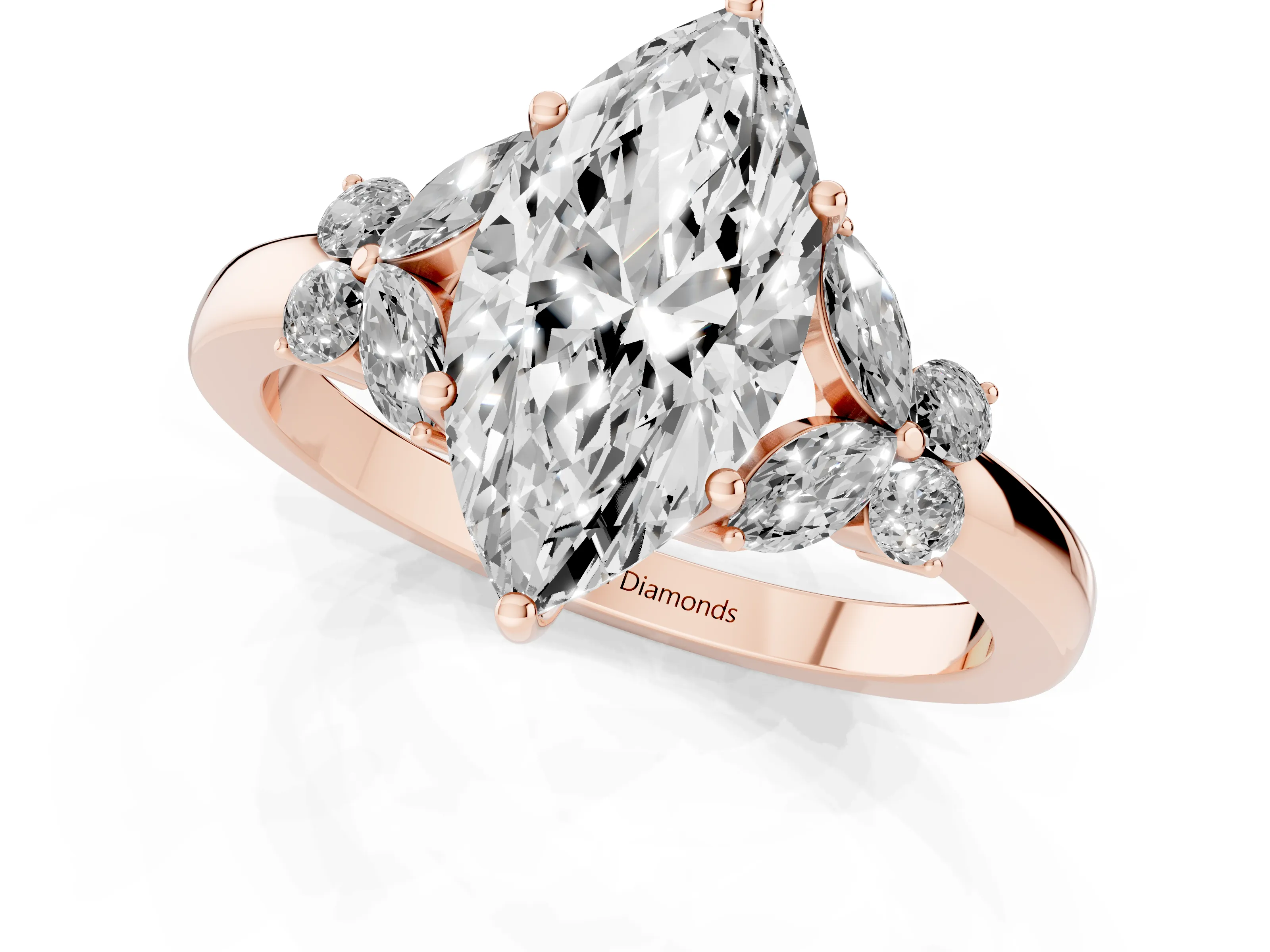 Marquise Cut Diamond Solitaire Floral Ring Set in Rose gold with Marquise Petals and Prong Setting