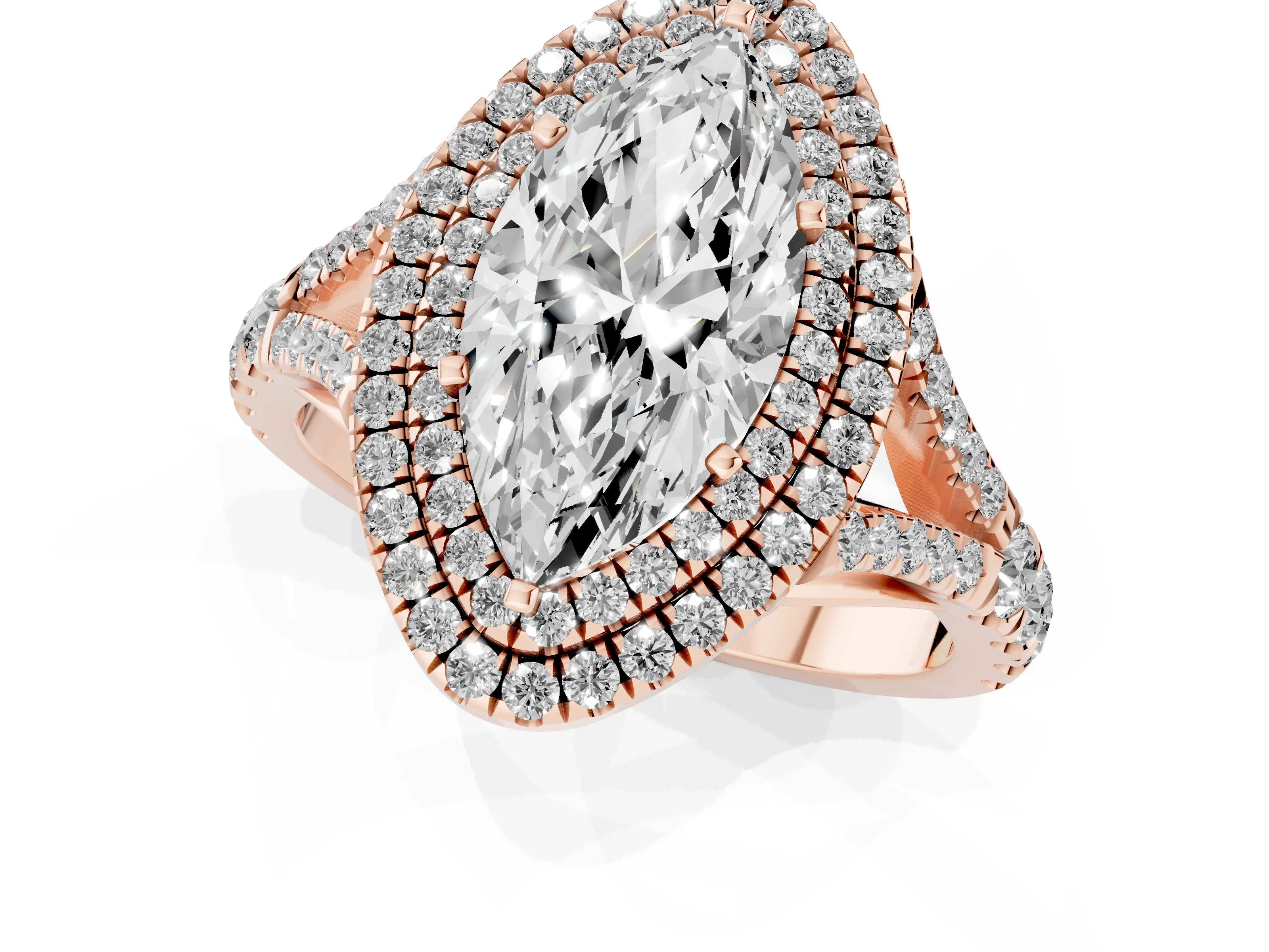 Marquise Cut Diamond Pavé Split Shank Double Halo Engagement Ring Set in Rose gold