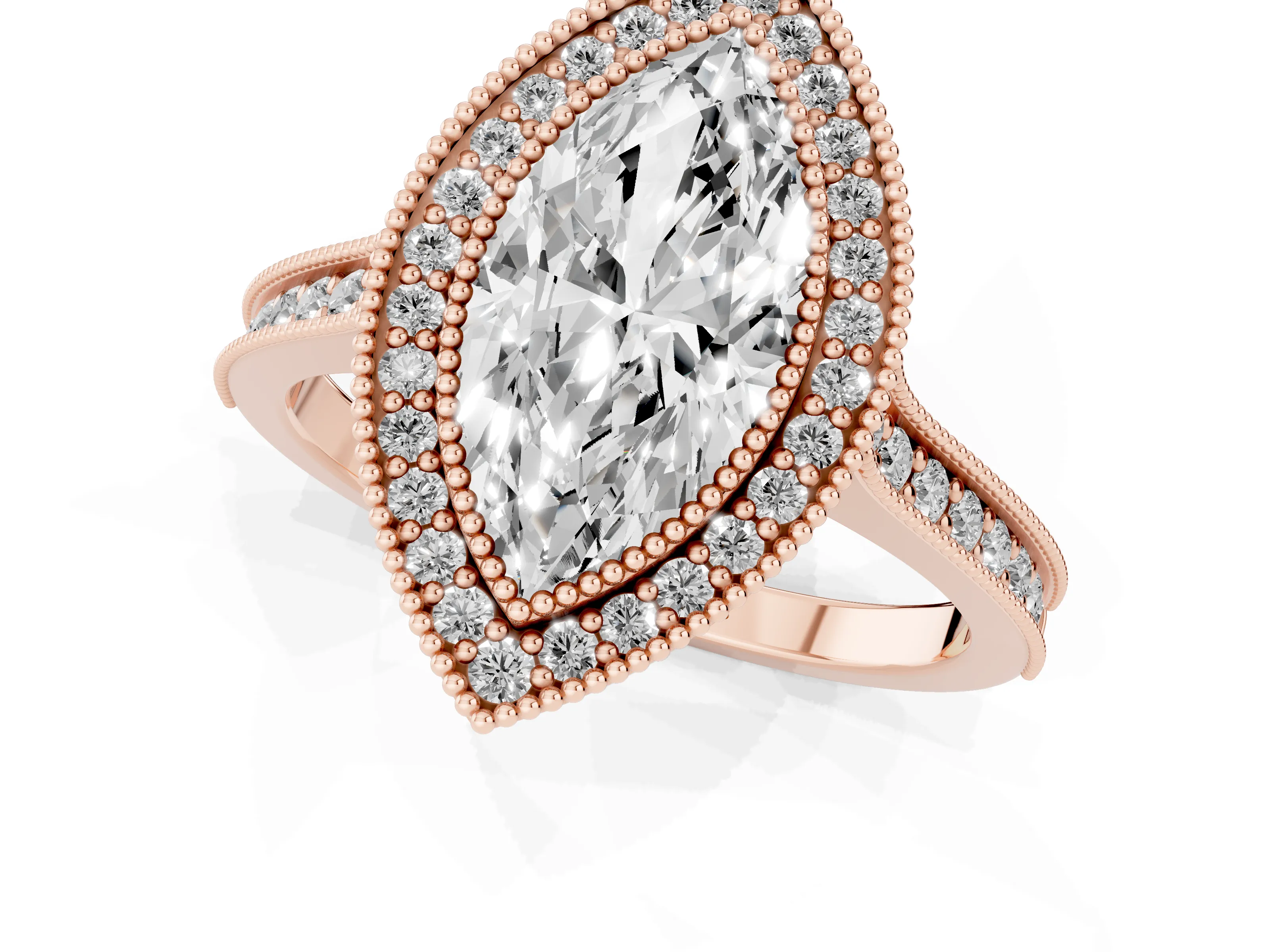 Marquise Cut Diamond Halo Milgrain Pavé Band Ring Set in Rose gold with Prong Setting