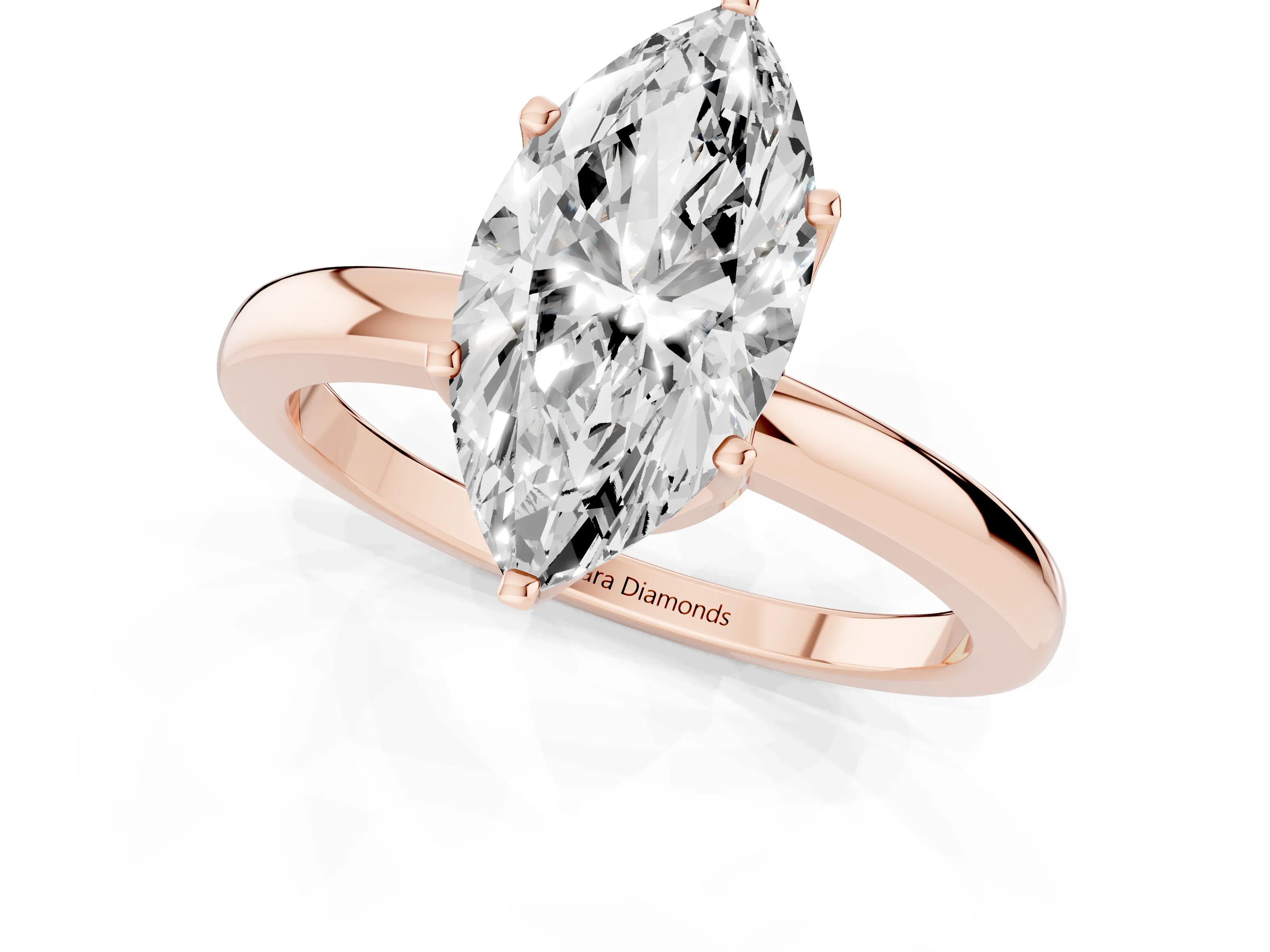 Marquise Cut Diamond Solitaire Ring Set in Rose gold with Raised Prong Setting on a Classic Band