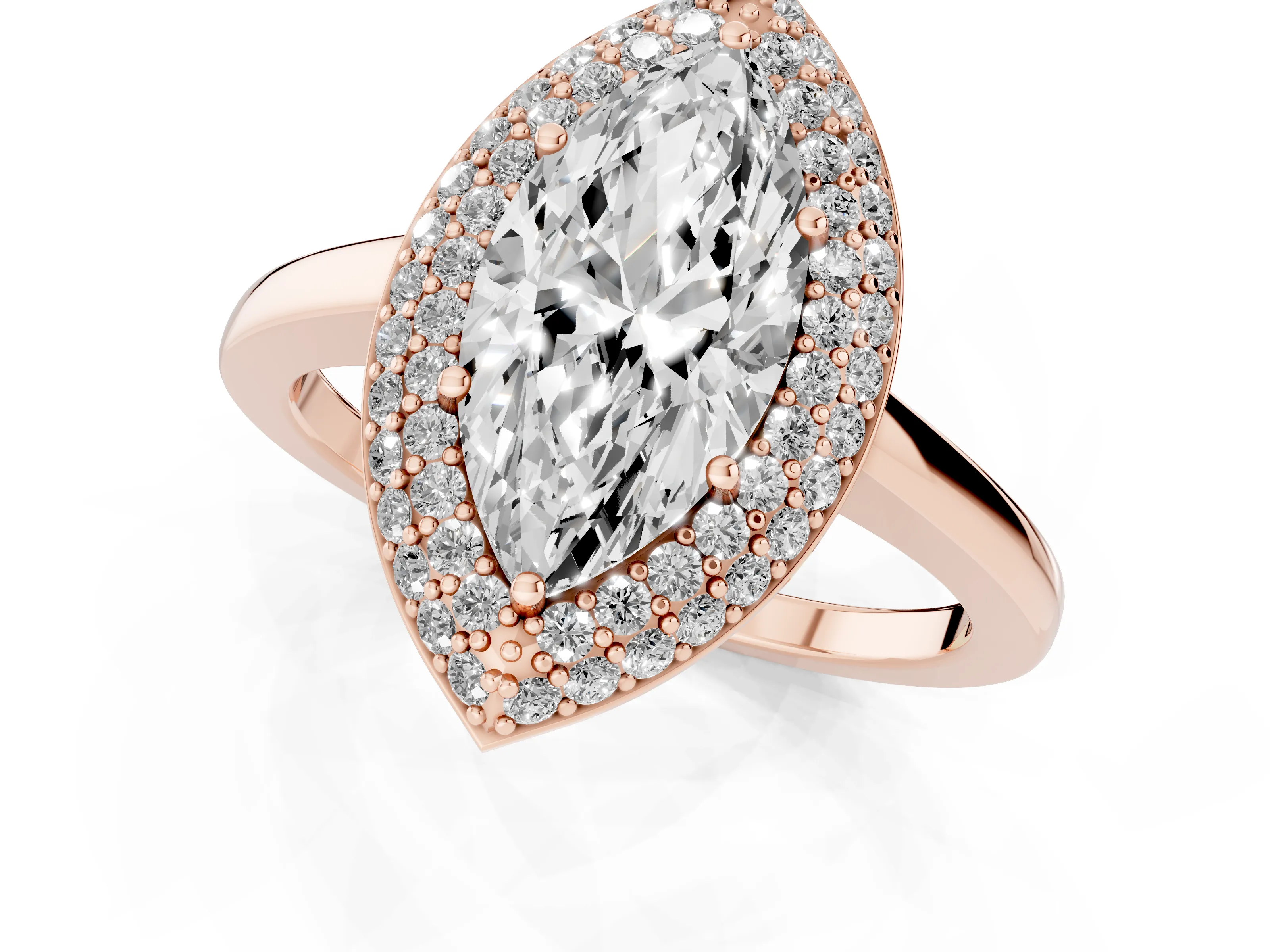 Marquise Cut Diamond Halo Engagement Ring Set in Rose gold with Solitaire Band and Prong Setting