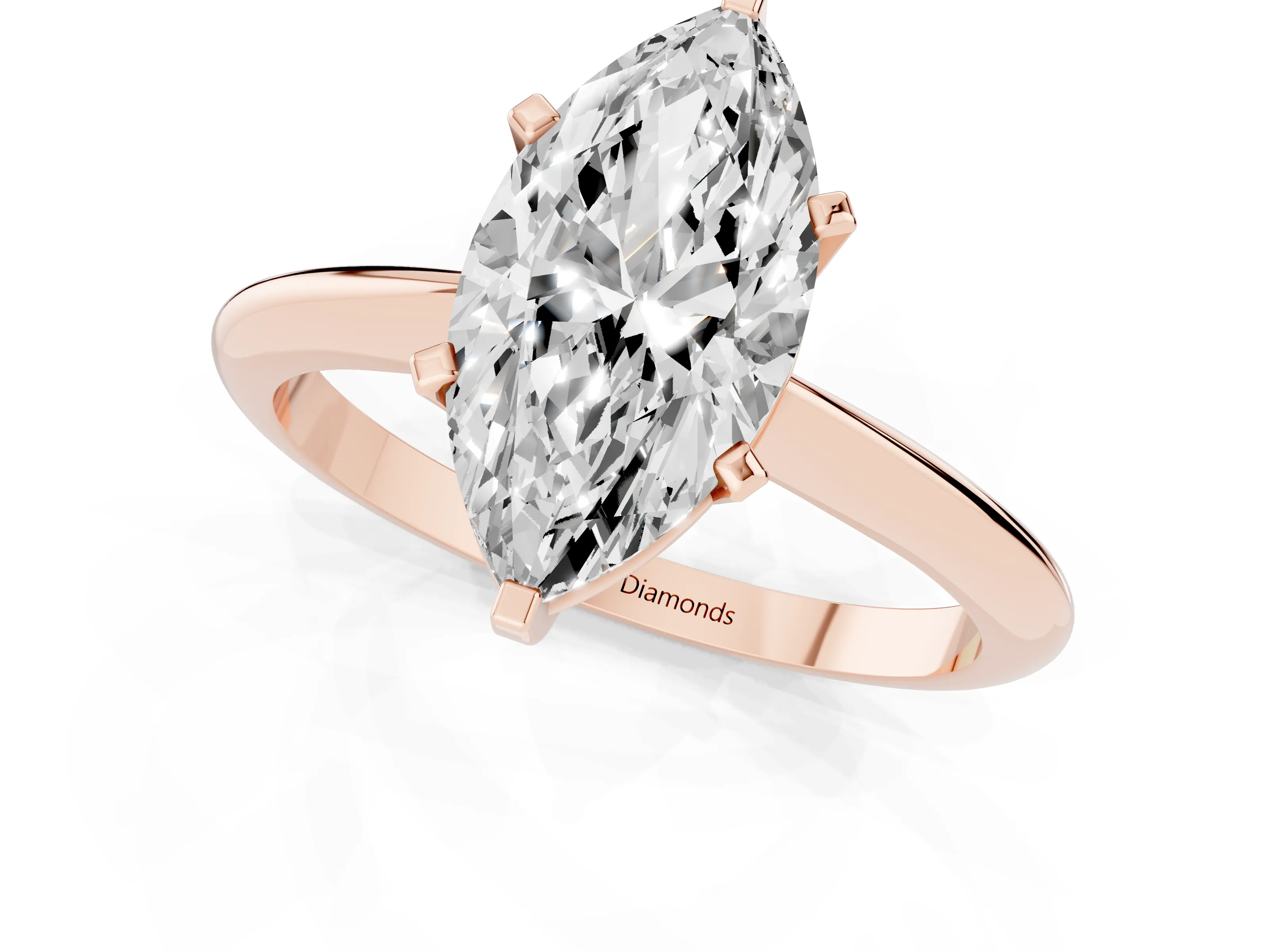 Marquise Cut Diamond Solitaire Ring Set in Rose gold with Prong Setting on a Plain Round Band