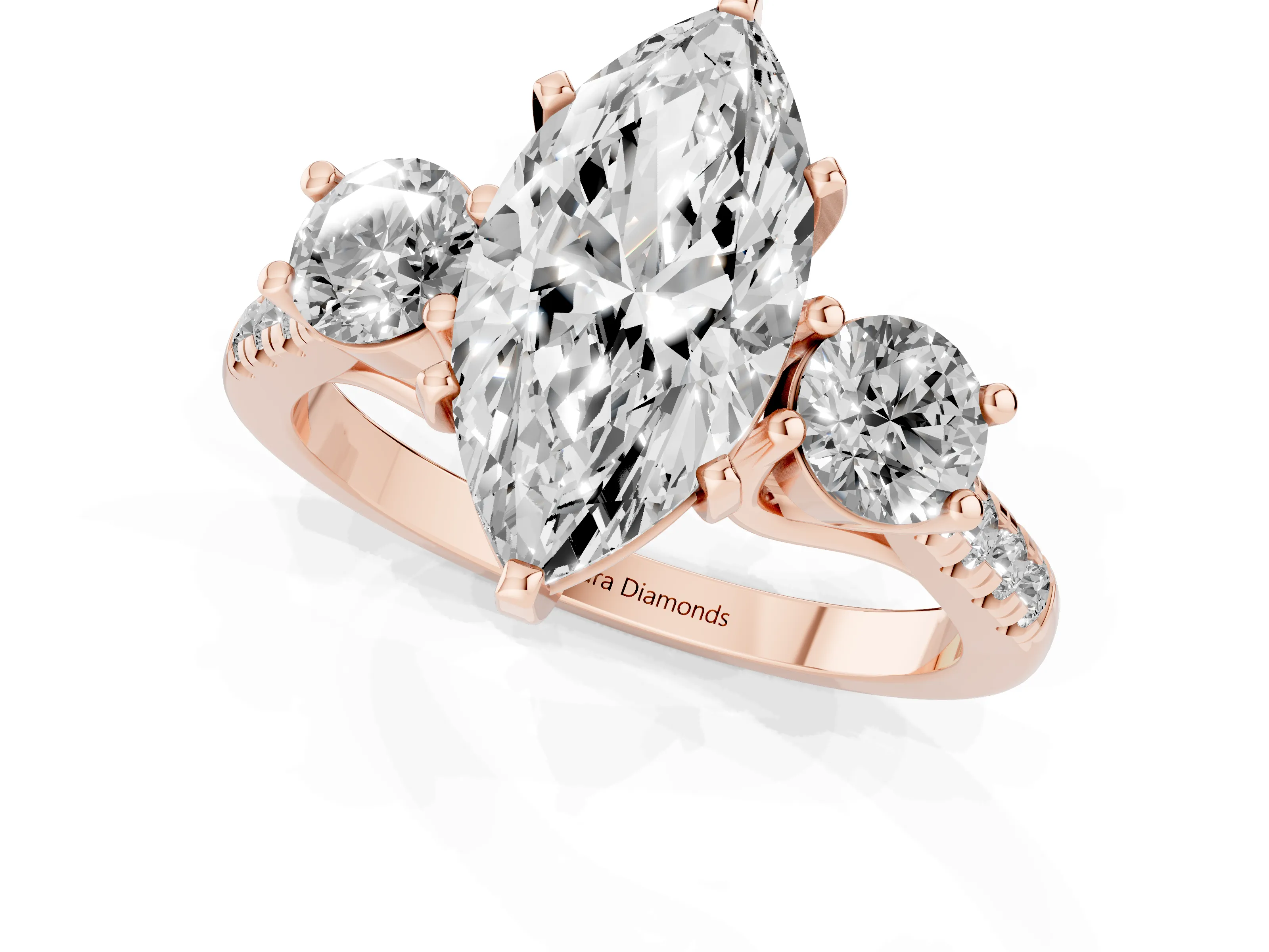 Three-Stone Marquise Cut Diamond Pavé Band Ring Set in Rose gold with Prong-Set Trio