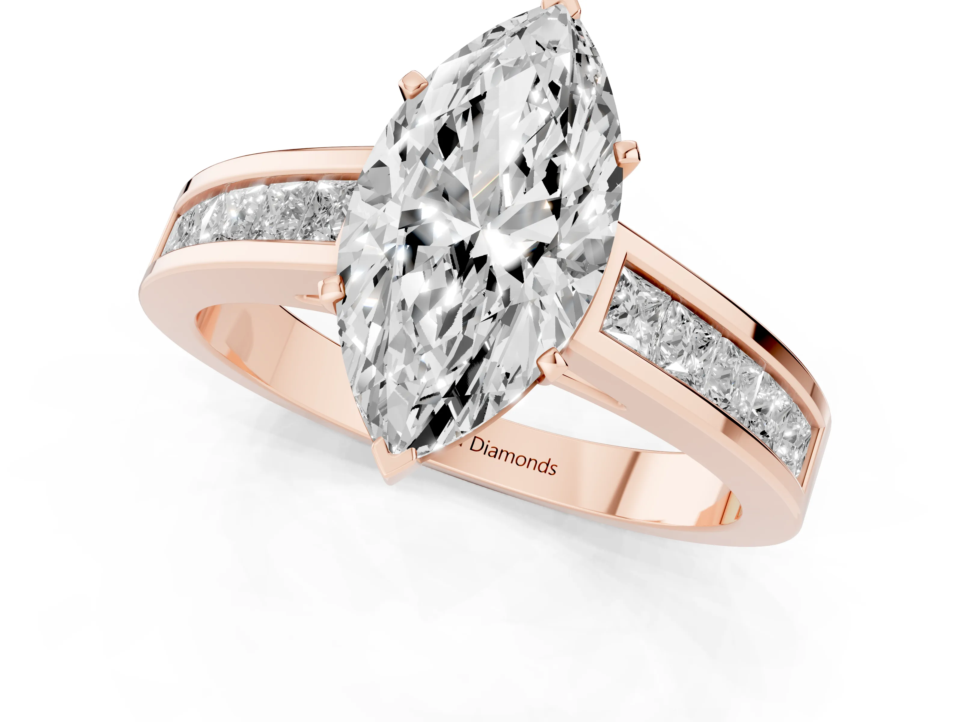 Marquise Cut Diamond Solitaire Ring Set in Rose gold with Channel-Set Band and Prong Setting