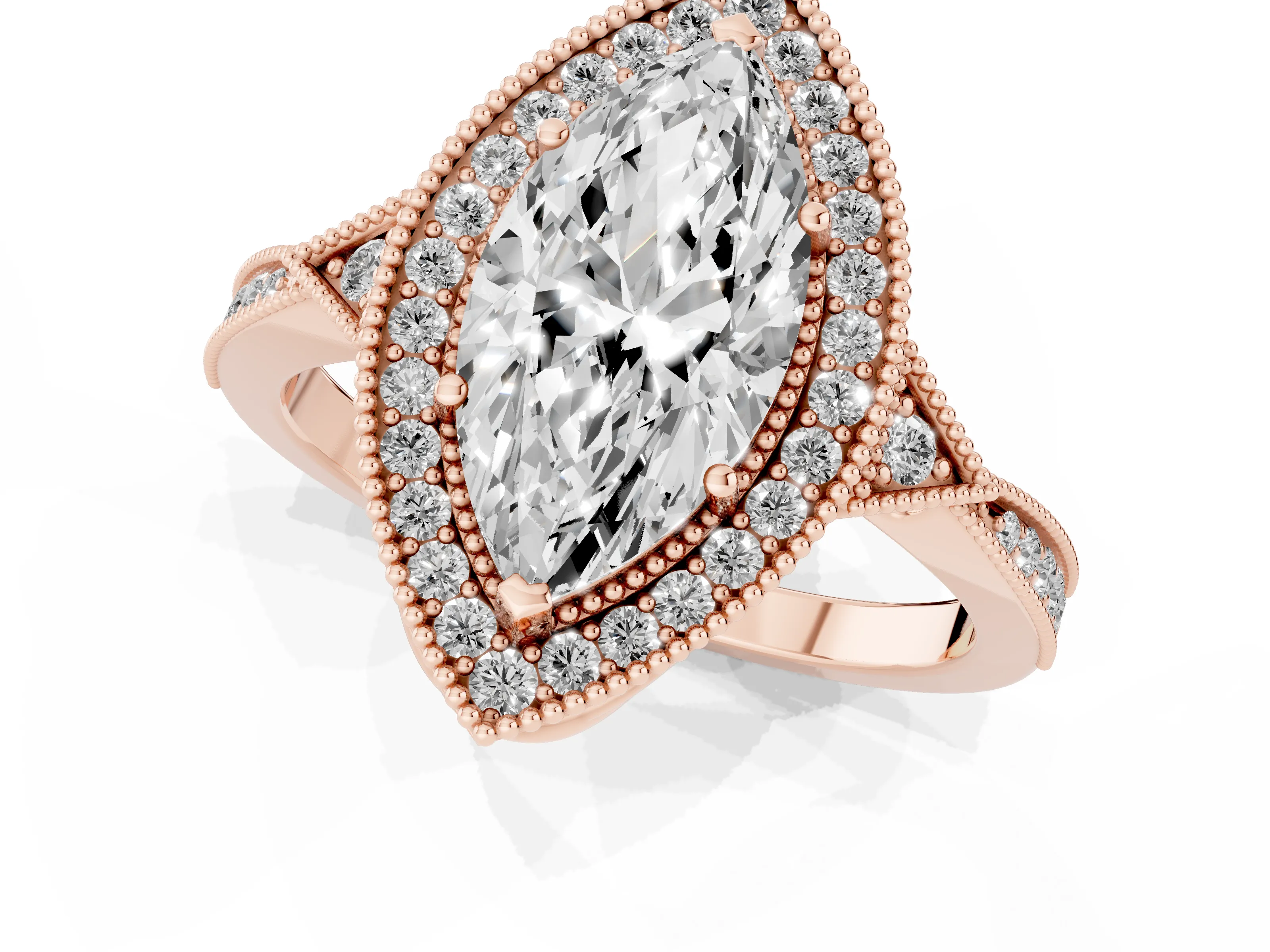 Marquise Cut Diamond Halo Engagement Ring Set in Rose gold with Milgrain Pavé Band