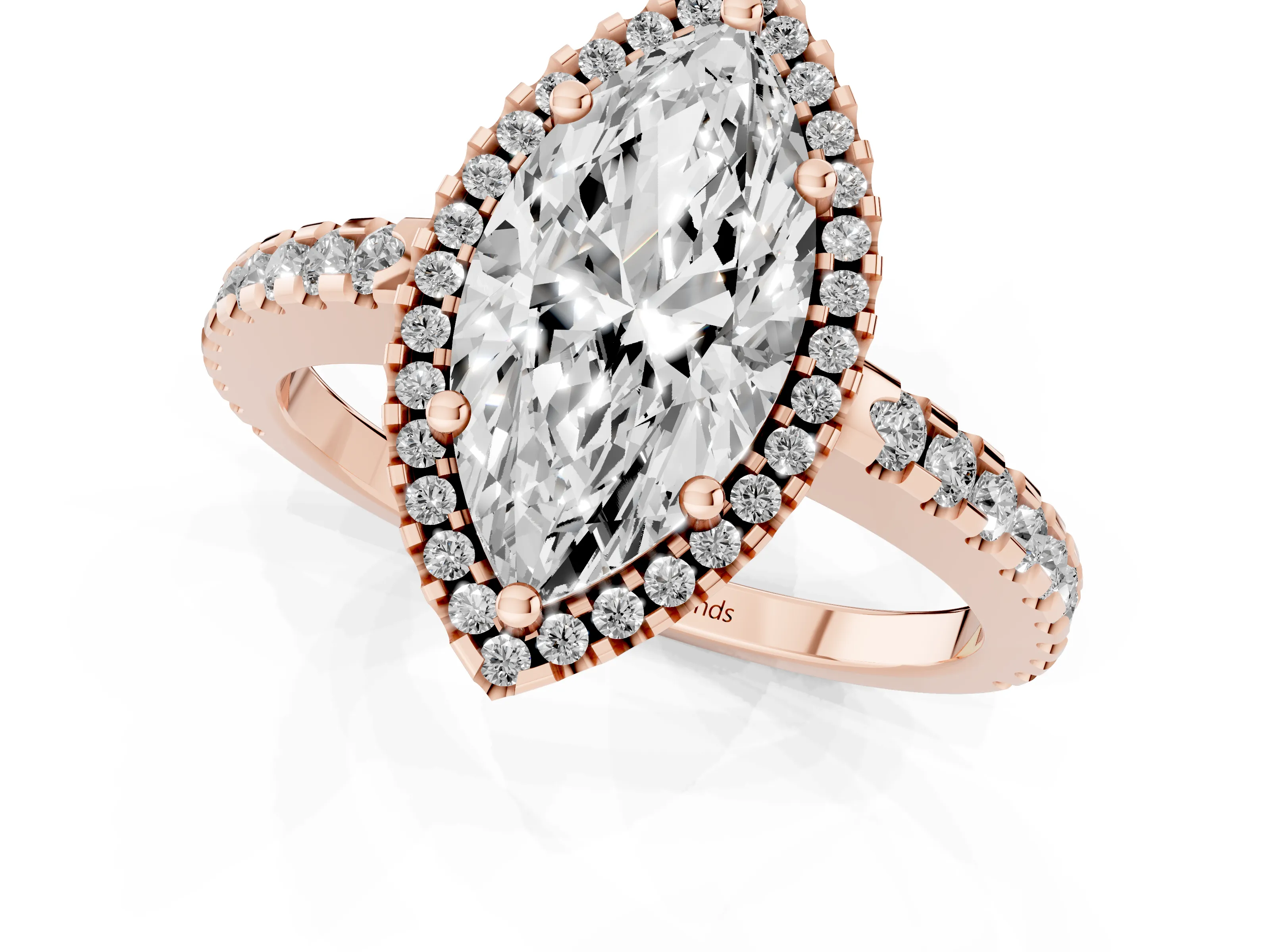 Marquise Cut Diamond Halo Ring Set in Rose gold with Pavé Shoulders and Halo-Framed Center