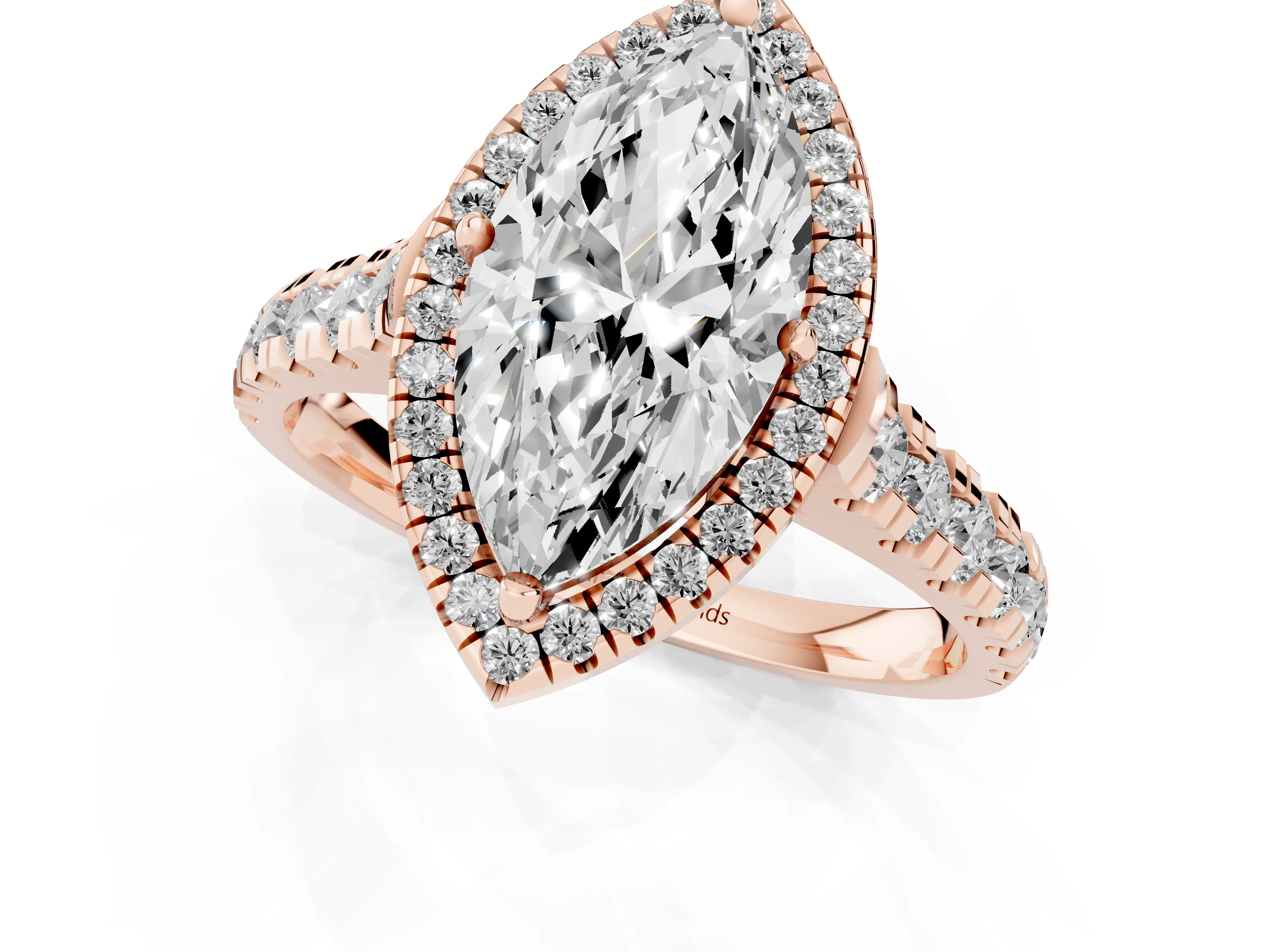 Marquise Cut Diamond Halo Engagement Ring Set in Rose gold with Pavé Band and Prong-Set Center