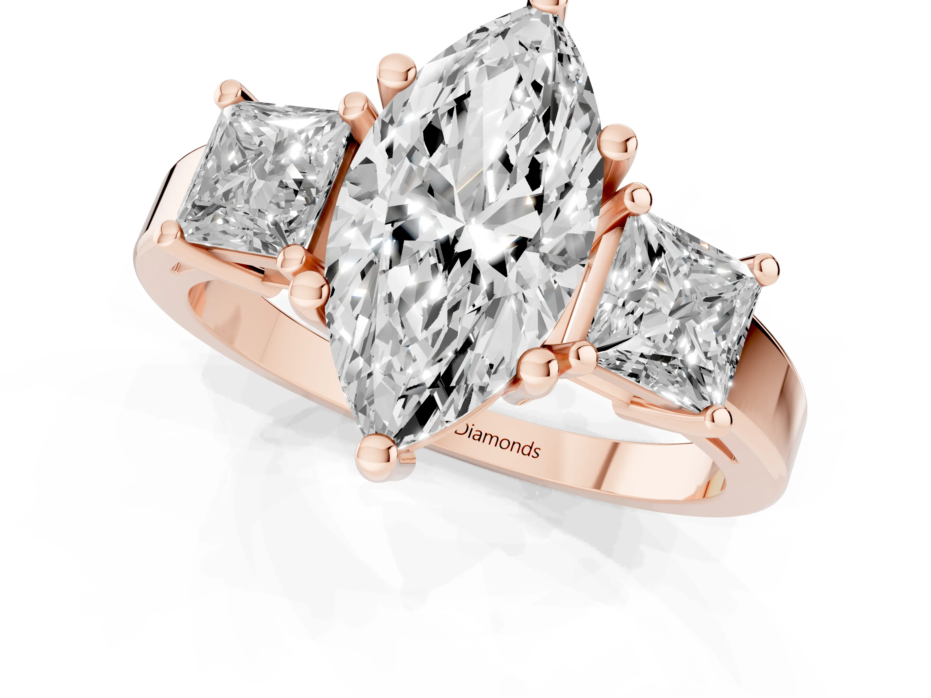 Three-Stone Marquise Cut Diamond Solitaire Ring Set in Rose gold with Prong Setting