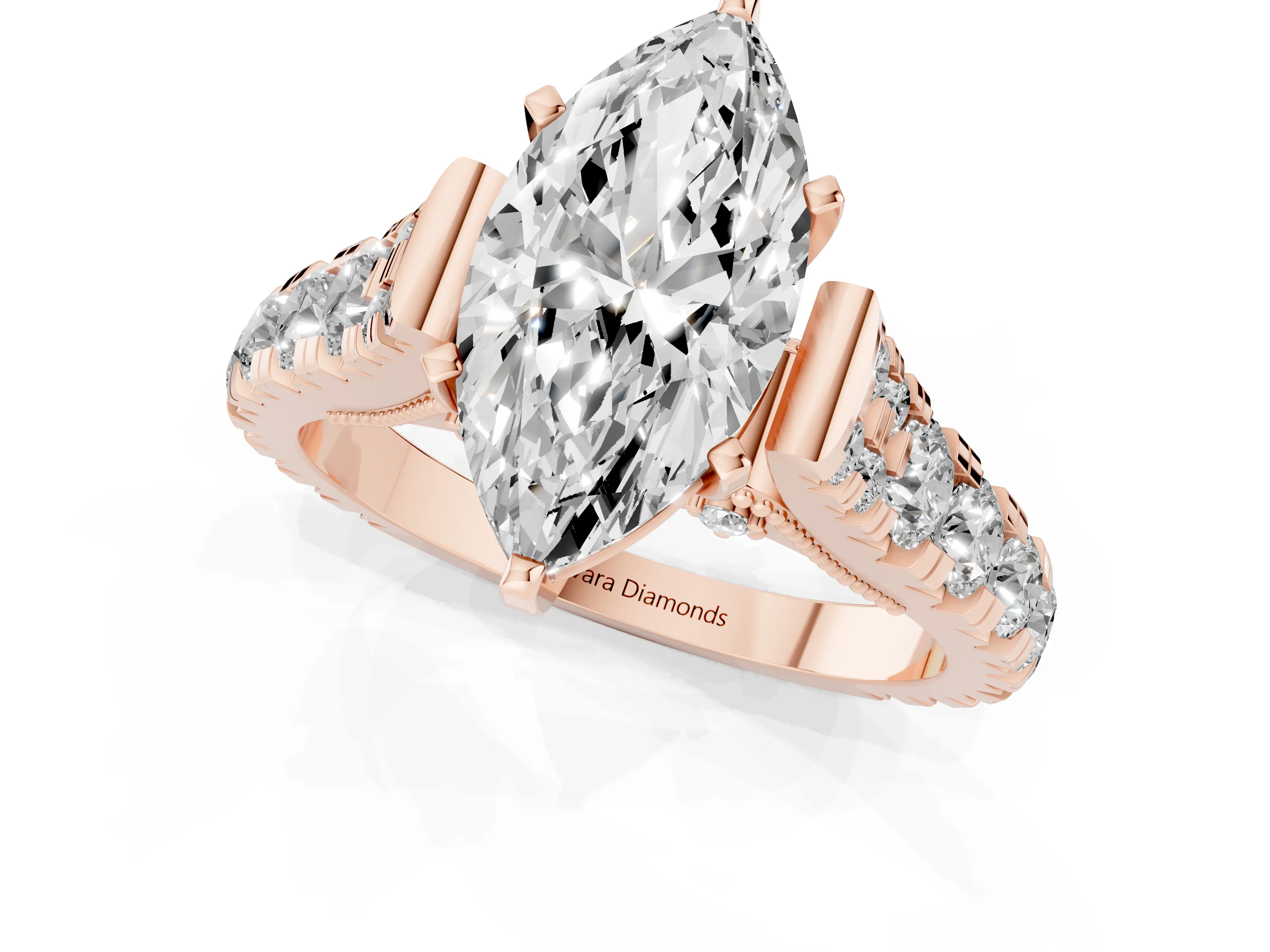 Marquise Cut Diamond Classic Solitaire Ring Set in Rose gold with Pavé Band and Prong Setting