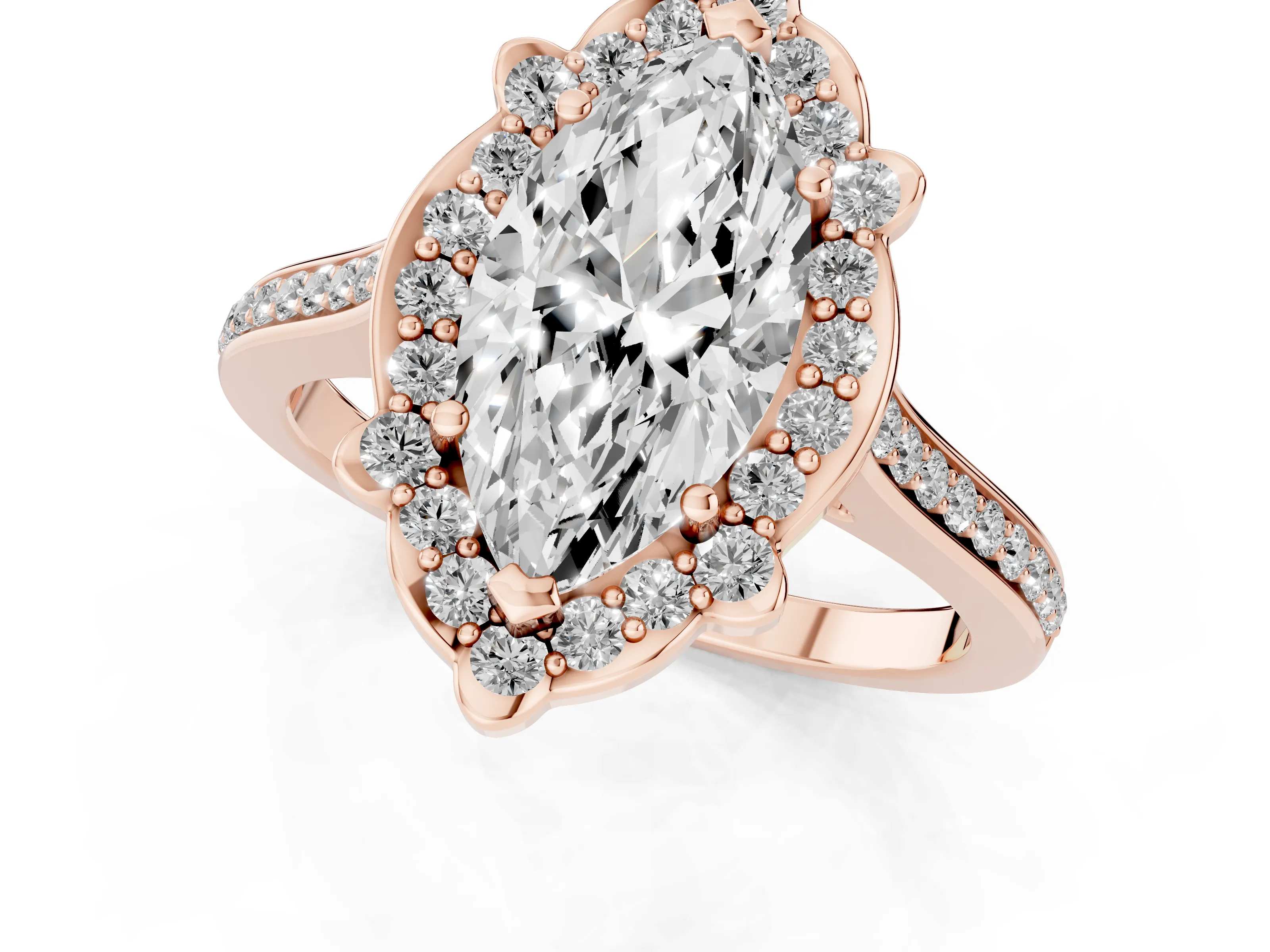 Marquise Cut Diamond Halo Ring Set in Rose gold with Pavé-Lined Shoulders and Prong Setting
