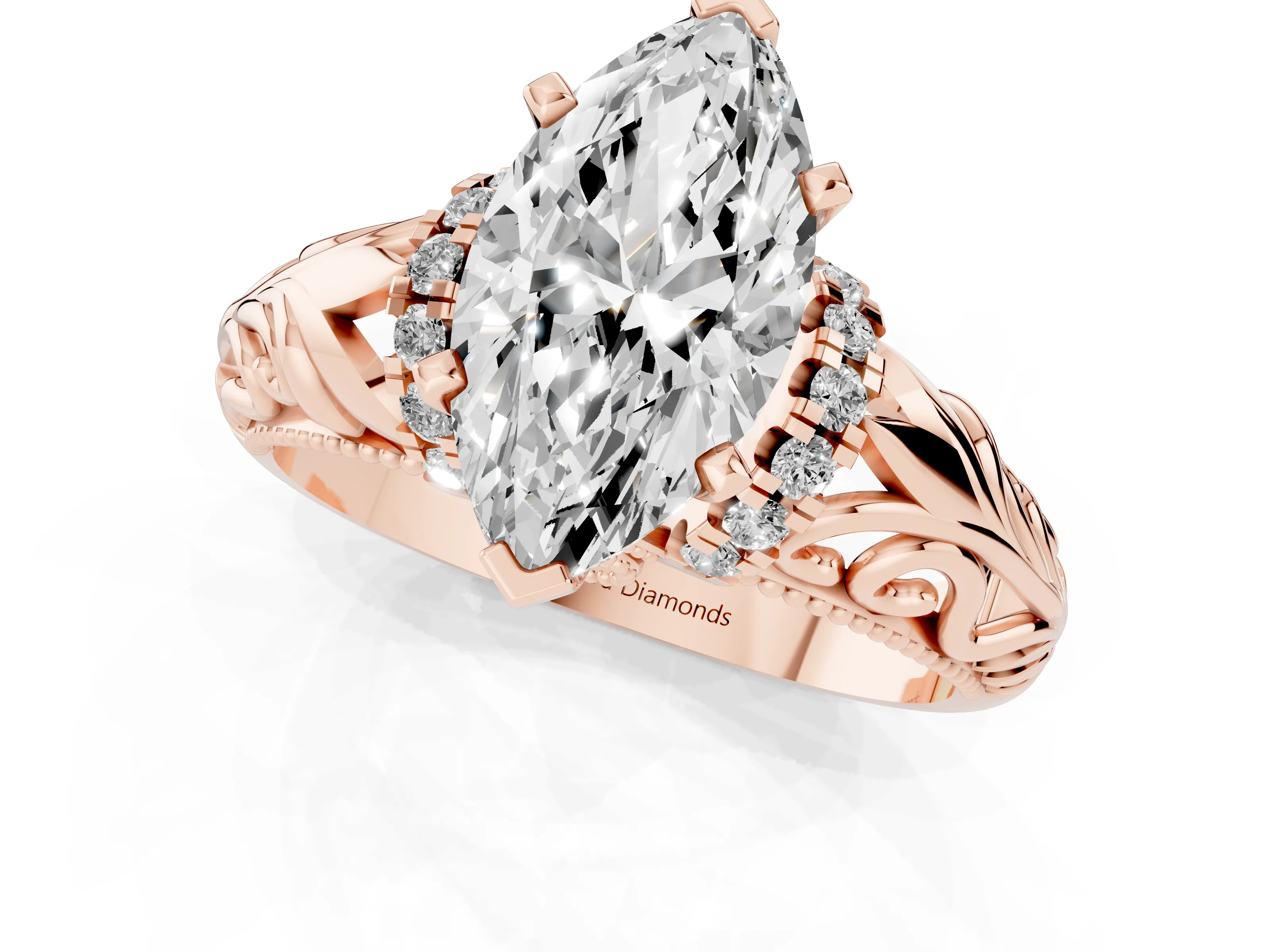 Marquise Cut Diamond Filigree Halo Engagement Ring Set in Rose gold with Prong Setting