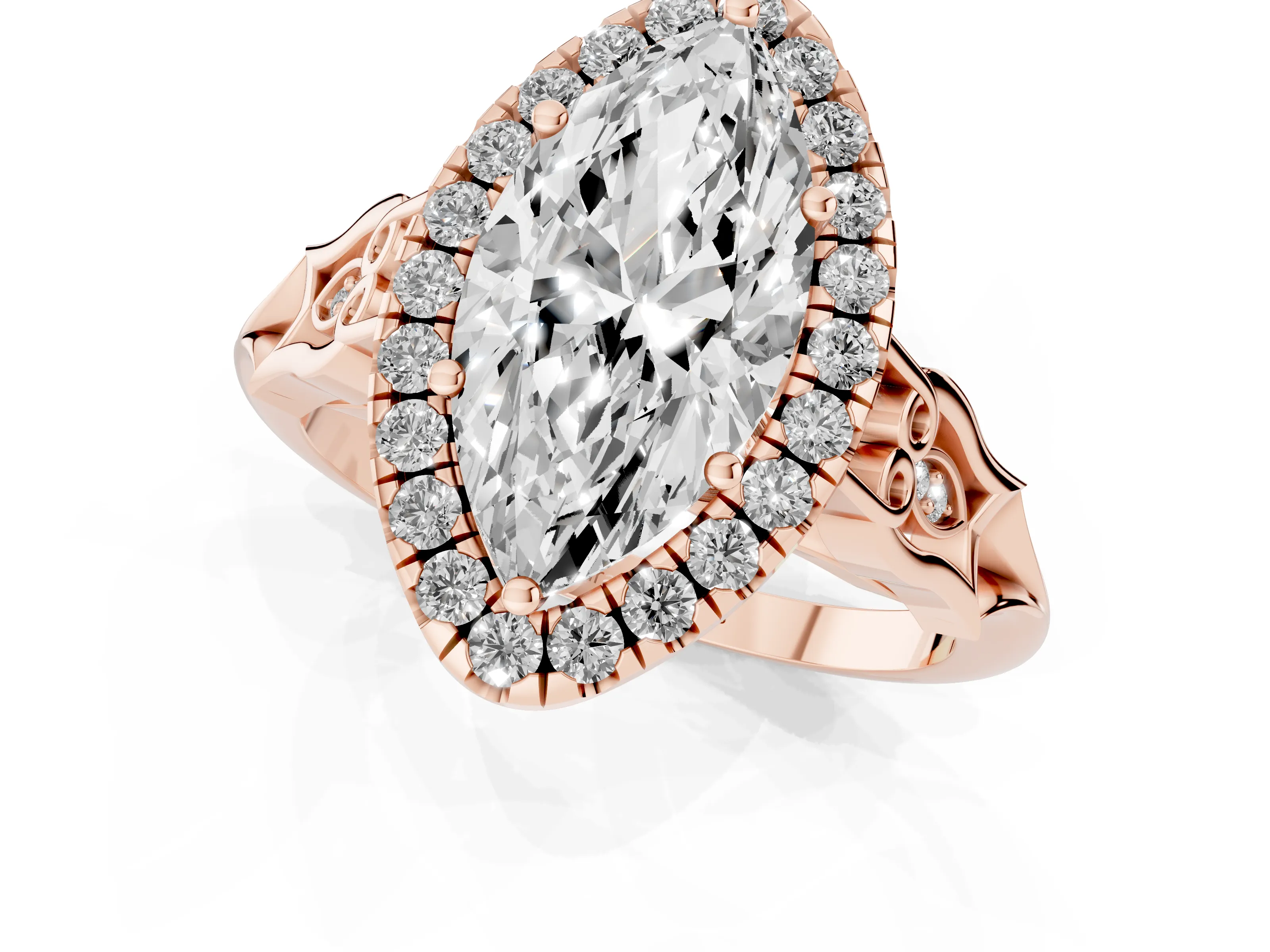 Marquise Cut Diamond Halo Engagement Ring Set in Rose gold with Filigree Band and Prong-Set Center