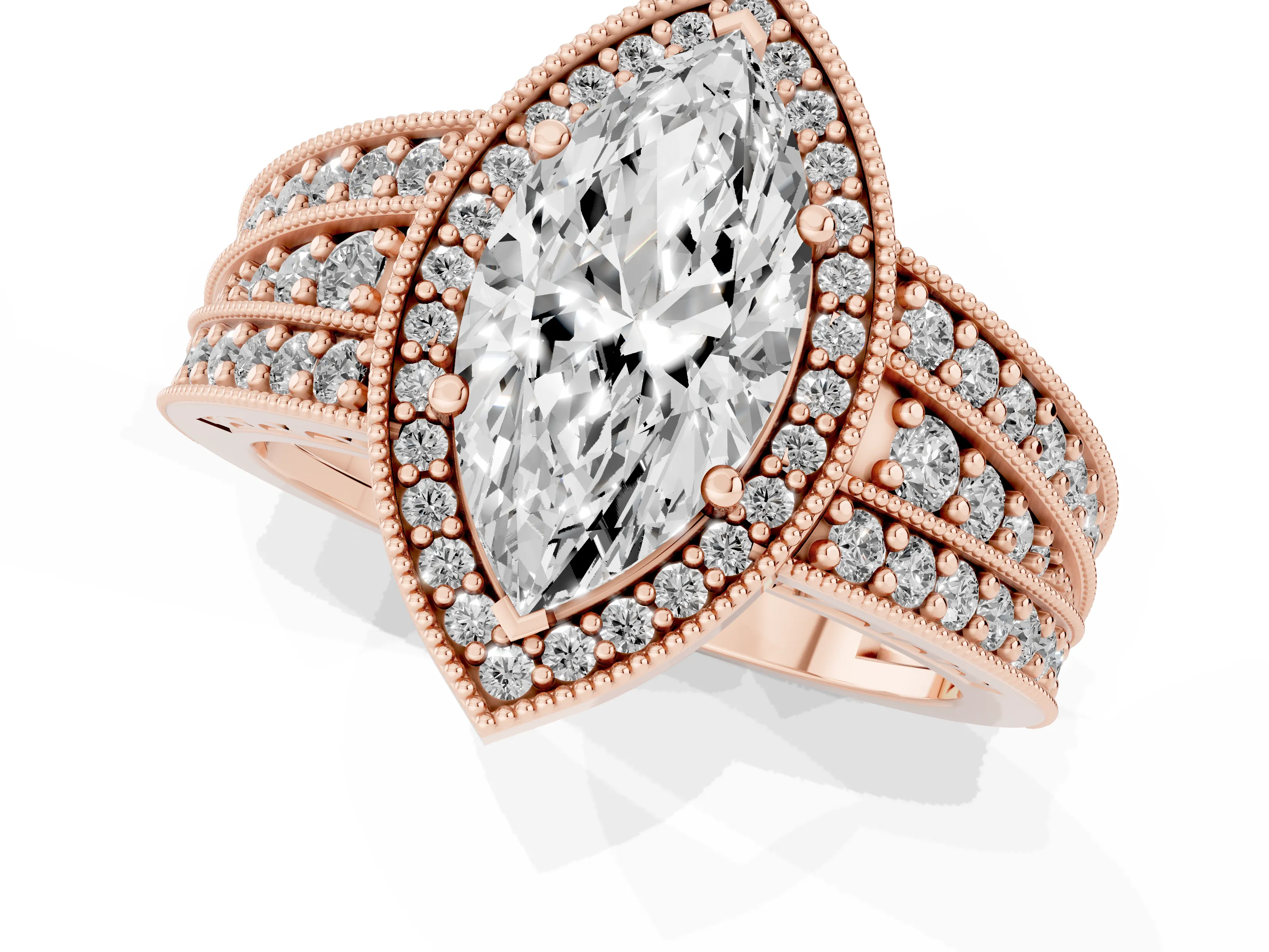 Marquise Cut Diamond Halo Ring Set in Rose gold with Accent Split Shank and Prong Setting