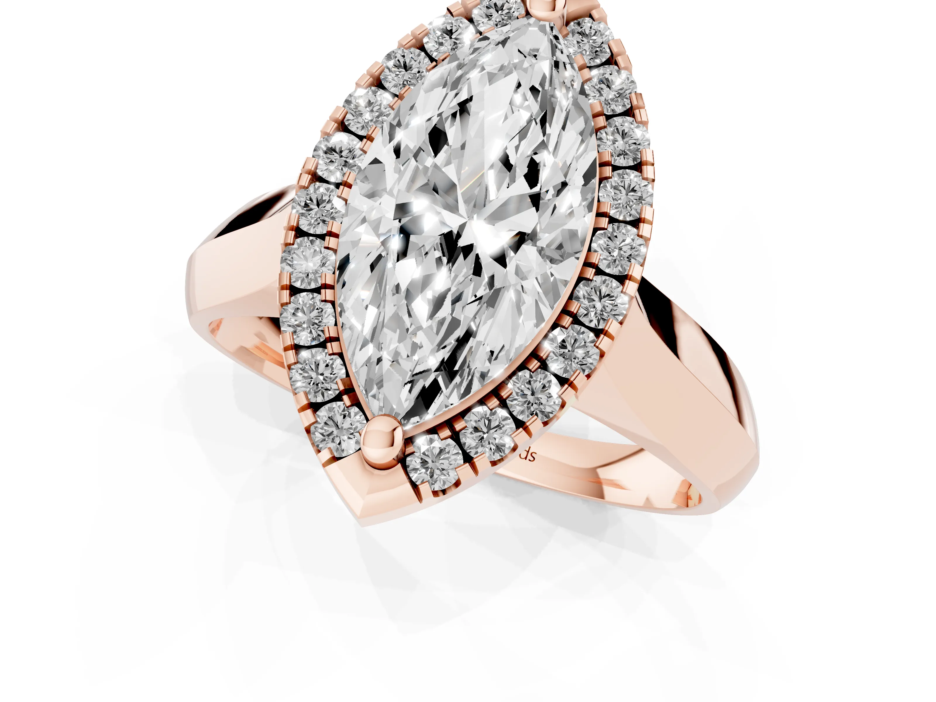Marquise Cut Diamond Halo Solitaire Engagement Ring Set in Rose gold with Square Band and Prong Setting