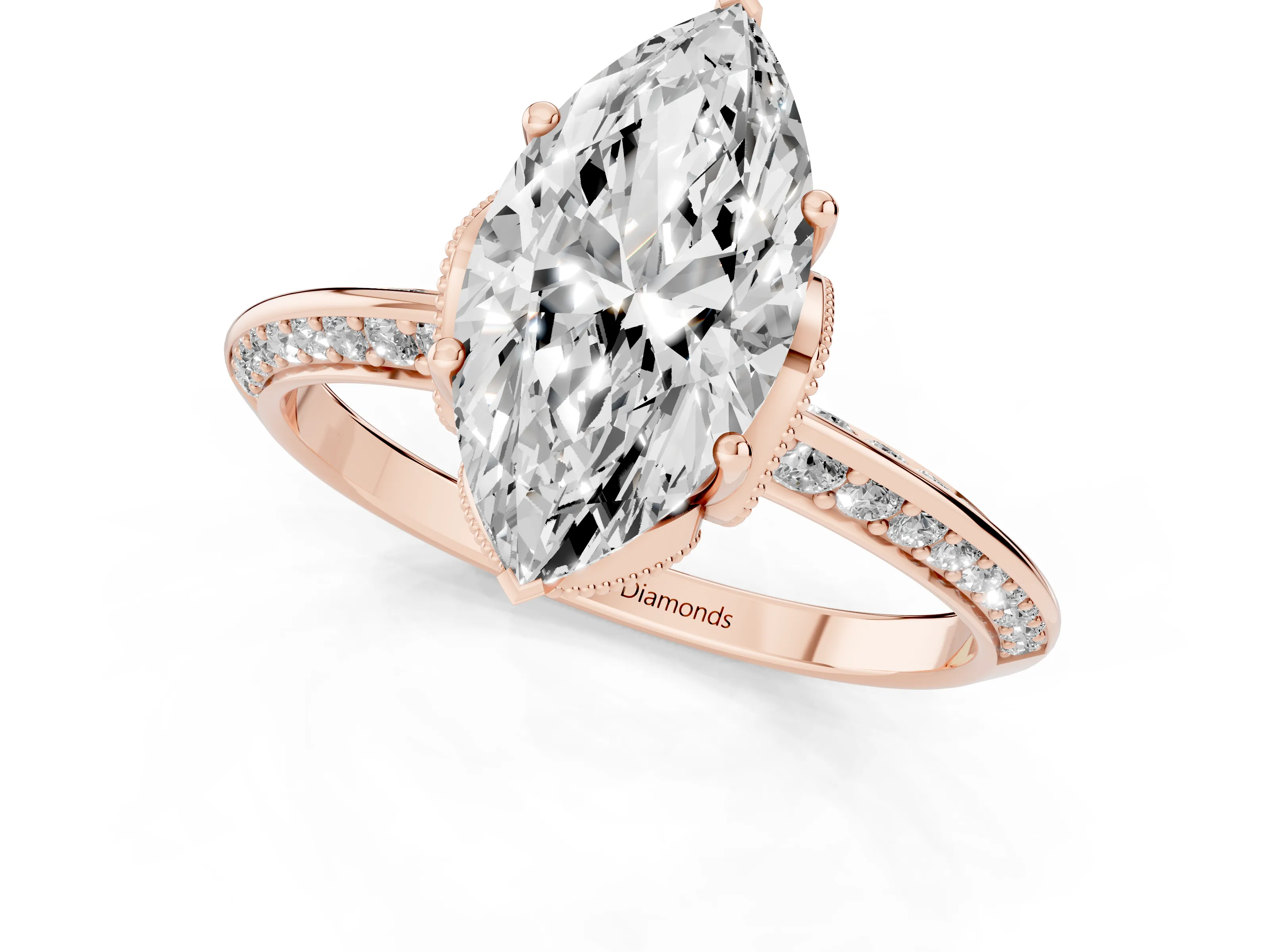 Marquise Cut Diamond Solitaire Engagement Ring Set in Rose gold with Pavé Split Shank and Prong Setting
