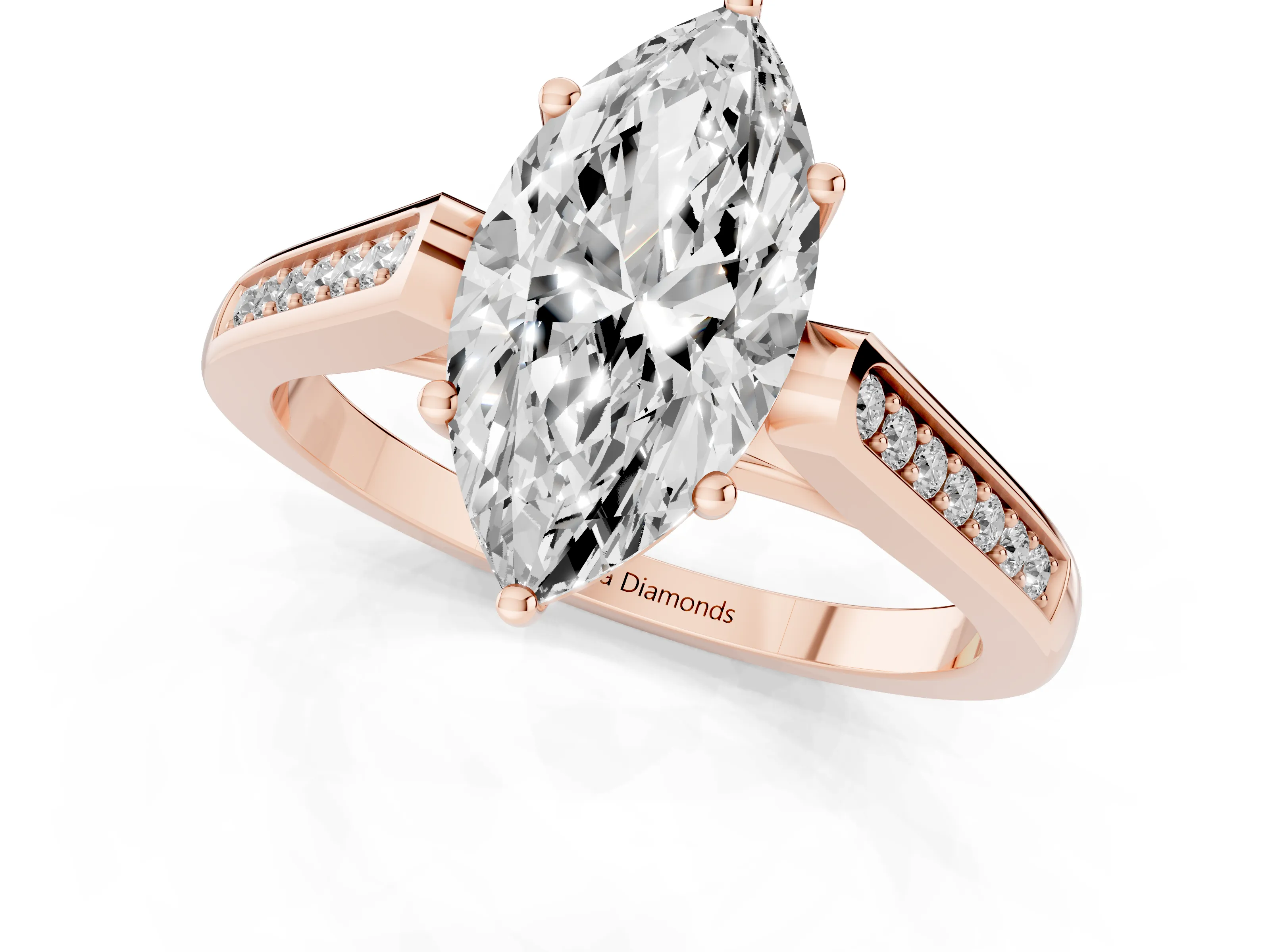 Marquise Cut Diamond Solitaire Cathedral Engagement Ring Set in Rose gold with Channel-Set Band and Prong Setting