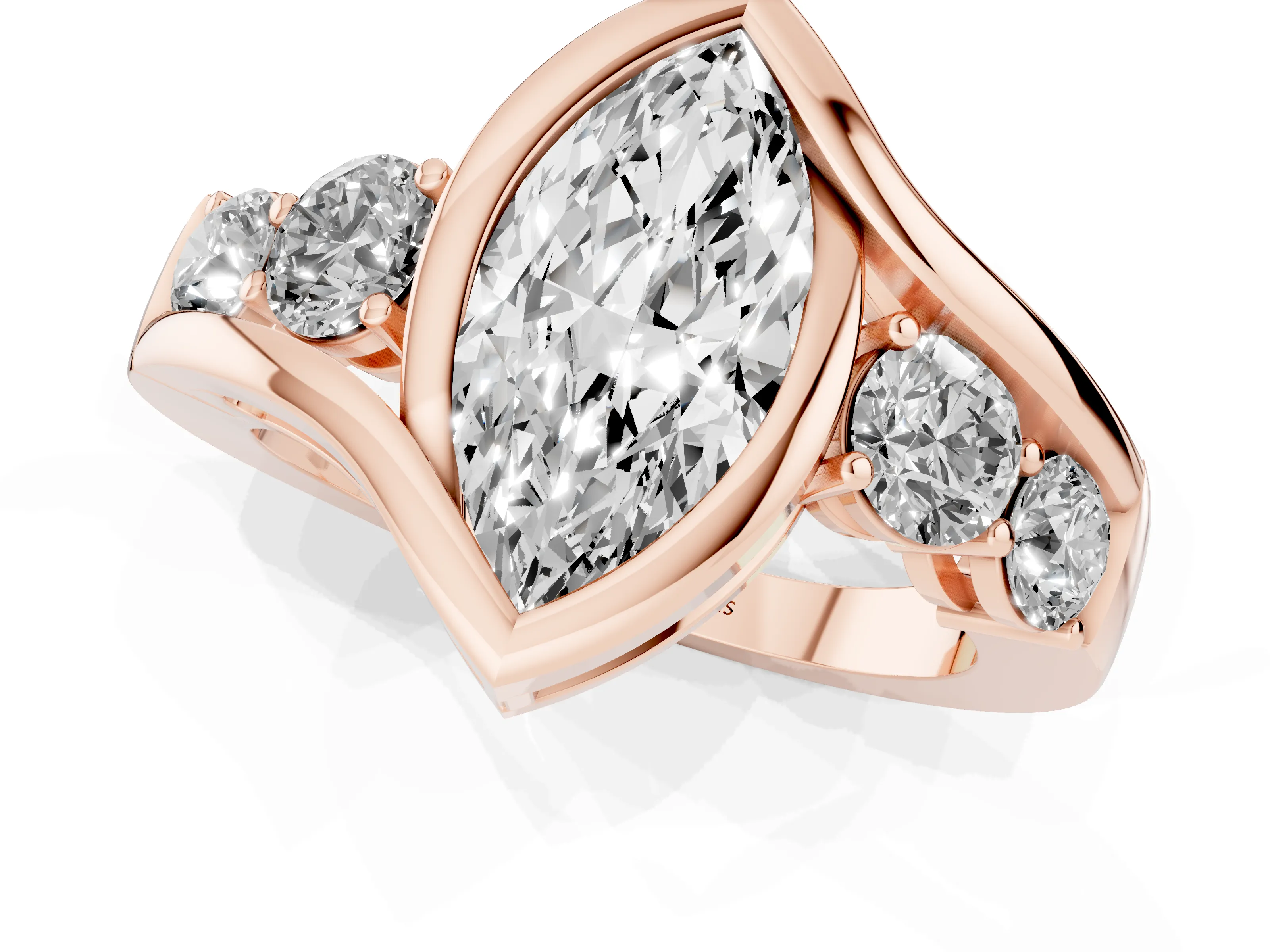 Marquise Cut Diamond Bezel Bypass Ring Set in Rose gold with Round Accents