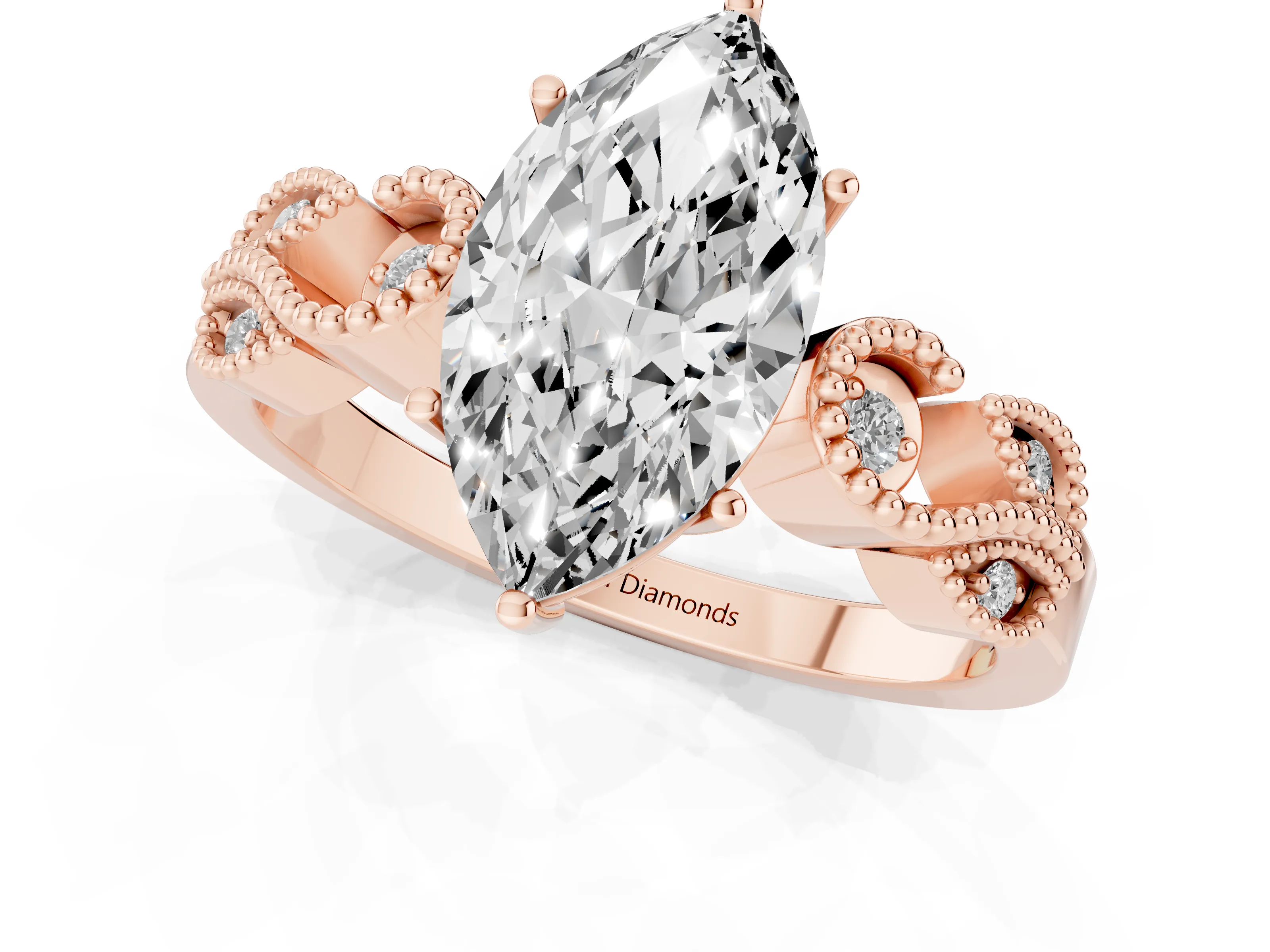 Marquise Cut Diamond Milgrain Leaf Band Solitaire Ring Set in Rose gold with Accent Stones and Prong Setting