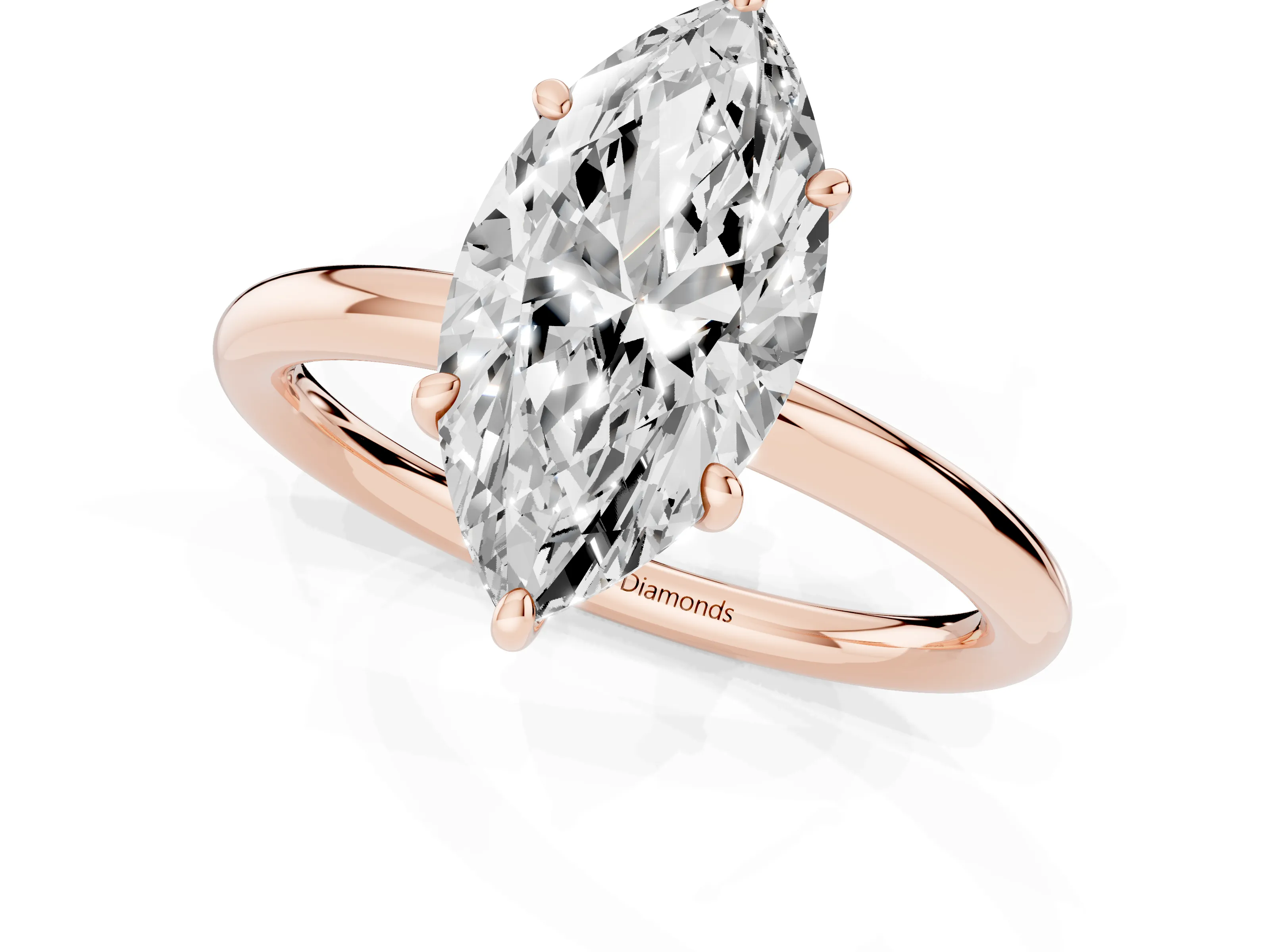 Marquise Cut Diamond Solitaire Ring Set in Rose gold with Prong Setting on a Polished Plain Band – second view