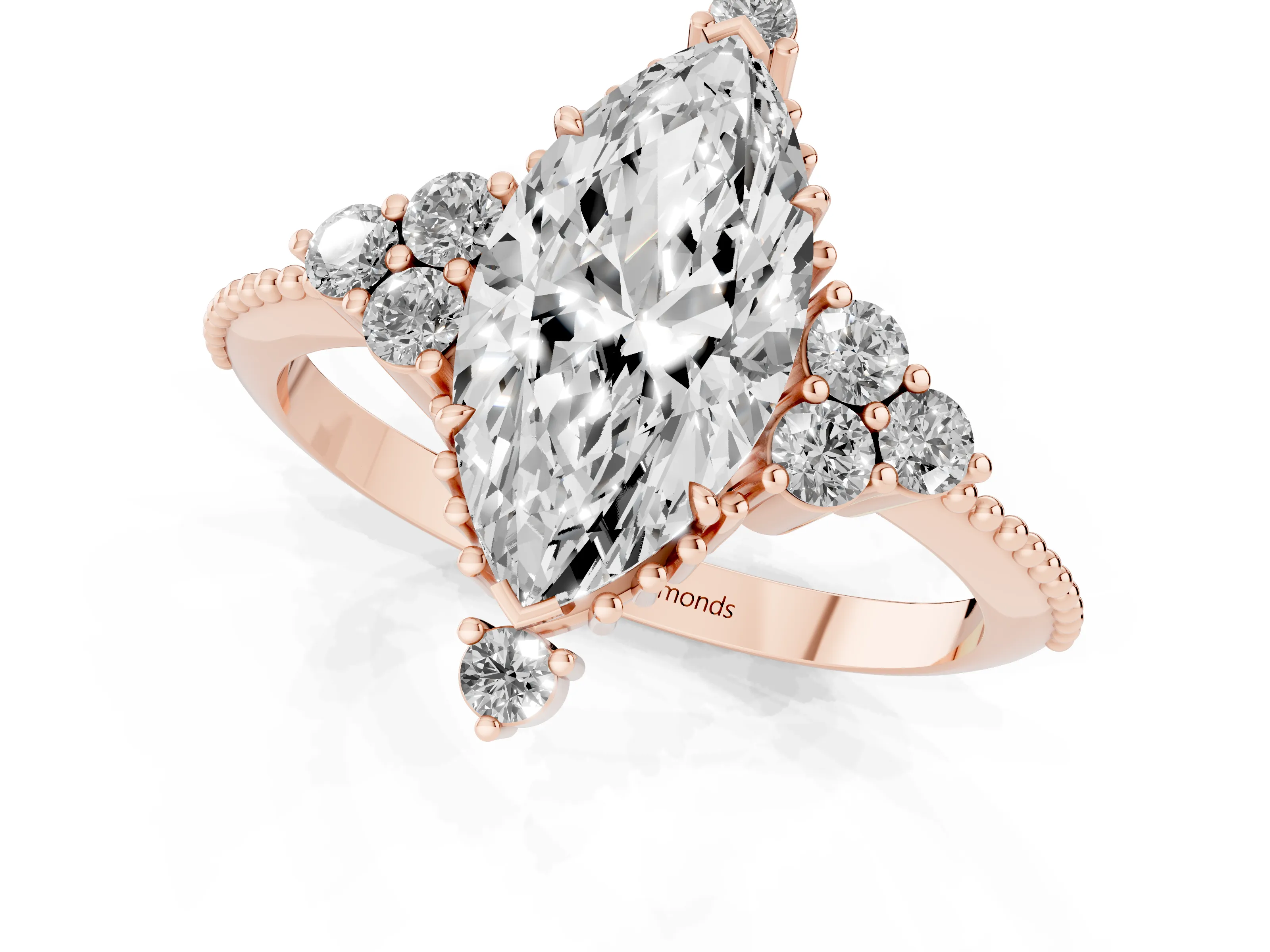 Marquise Cut Diamond Cluster Ring Set in Rose gold with Beaded Band