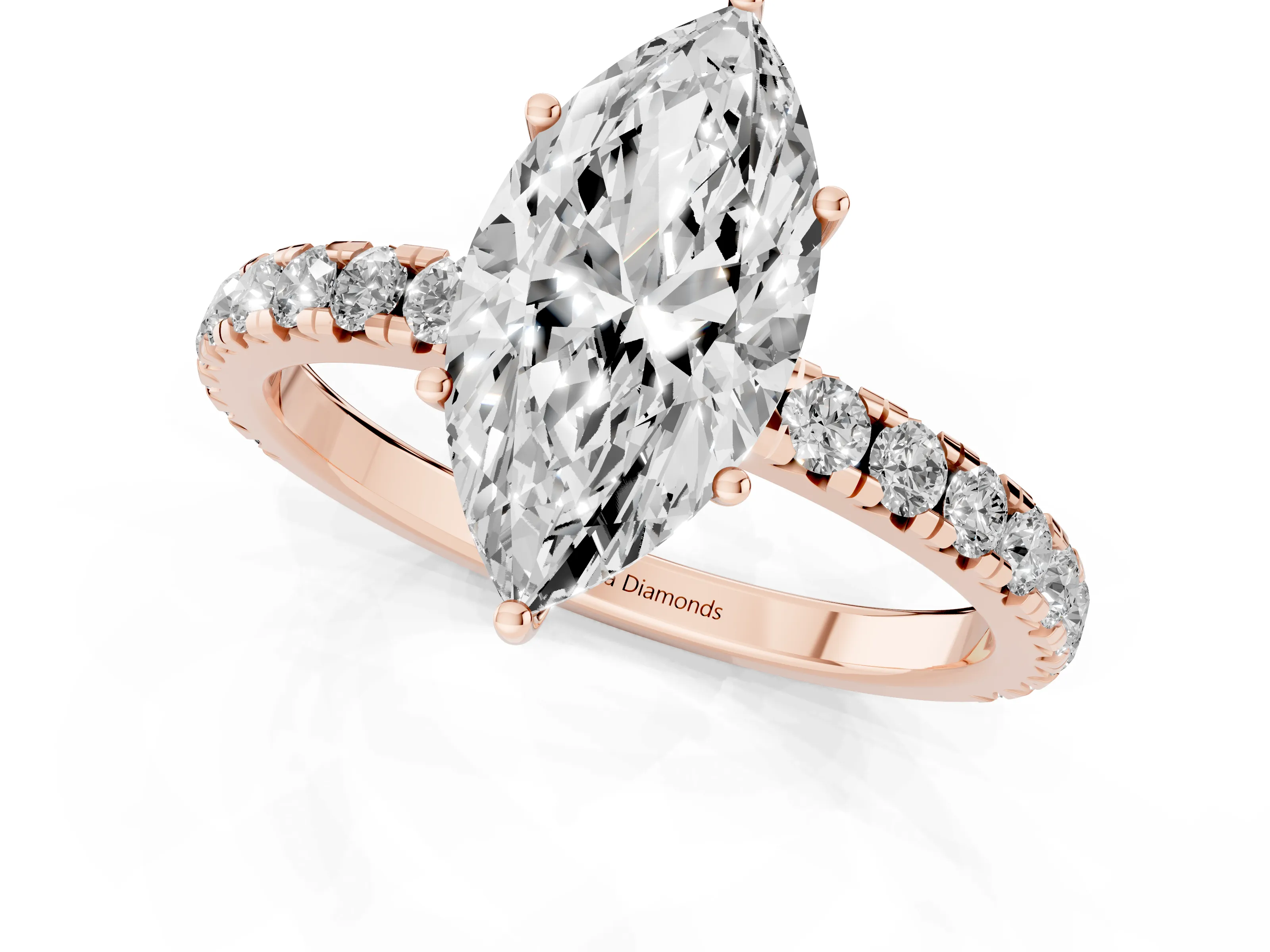 Marquise Cut Diamond Pavé Solitaire Engagement Ring Set in Rose gold with Prong Setting